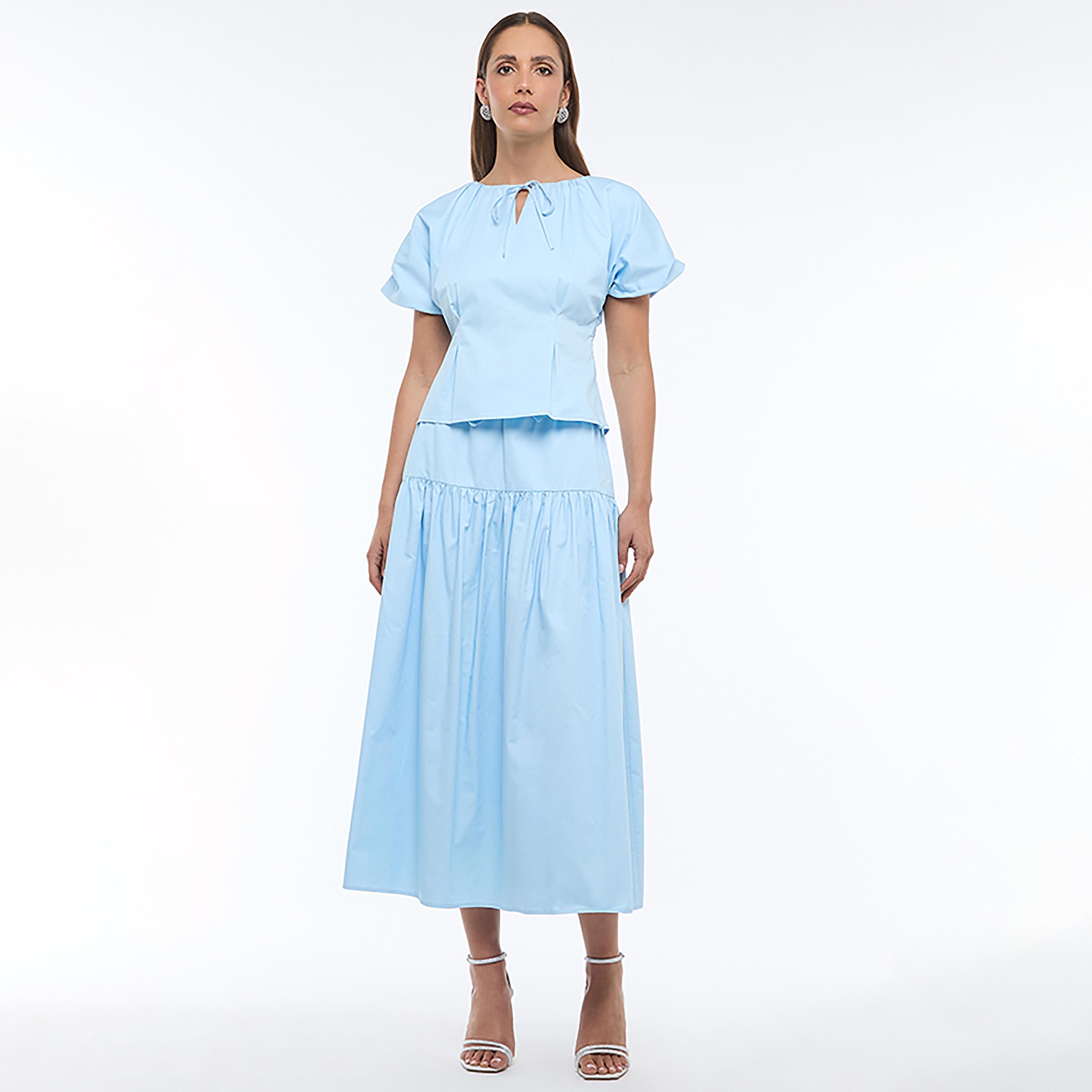 BCBG Sky Blue Keyhole Neck Puff Sleeves Women's Top-women-clothing-shirtsandblouses-blouses-image-2