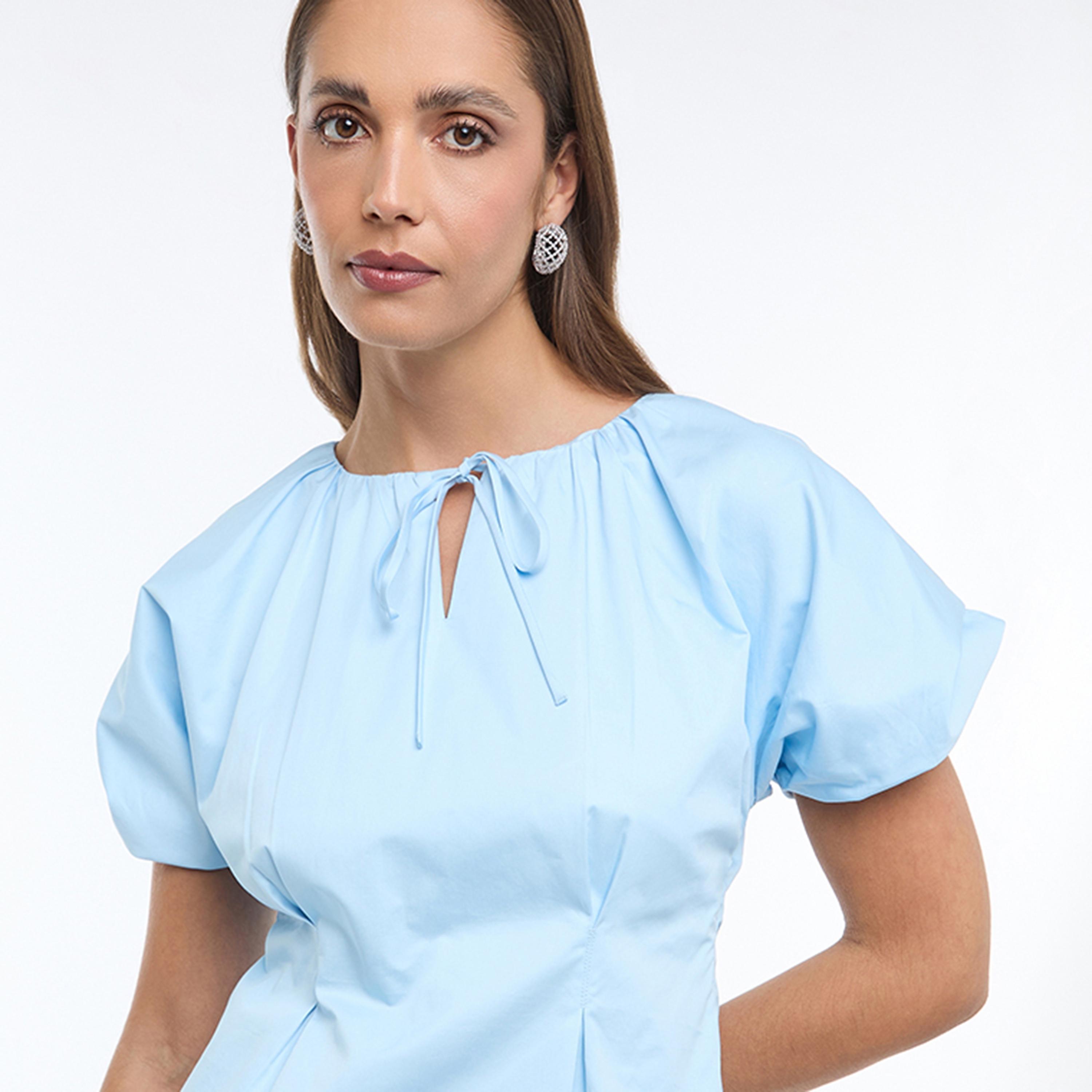 BCBG Sky Blue Keyhole Neck Puff Sleeves Women's Top-women-clothing-shirtsandblouses-blouses-image-4