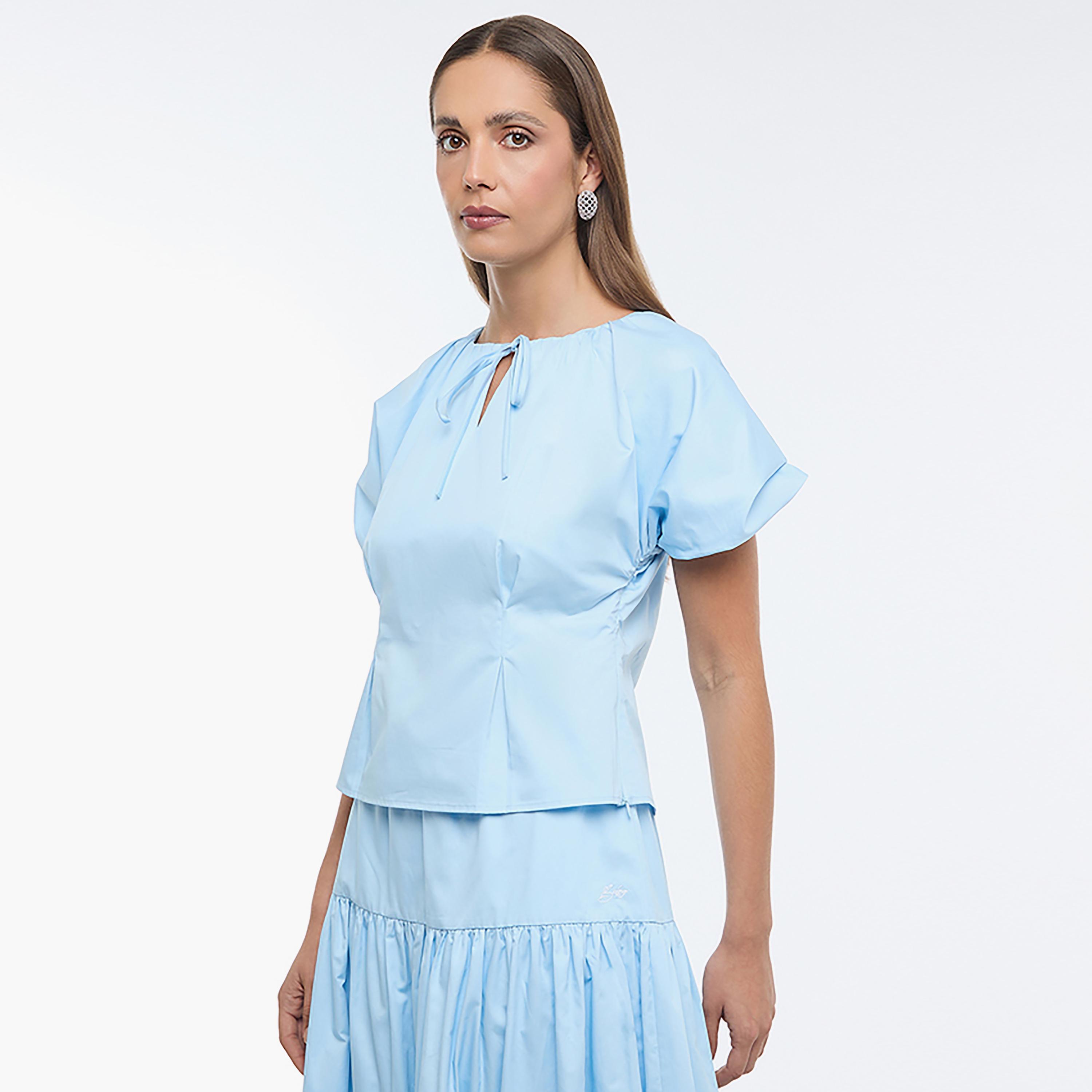 BCBG Sky Blue Keyhole Neck Puff Sleeves Women's Top-women-clothing-shirtsandblouses-blouses-image-5
