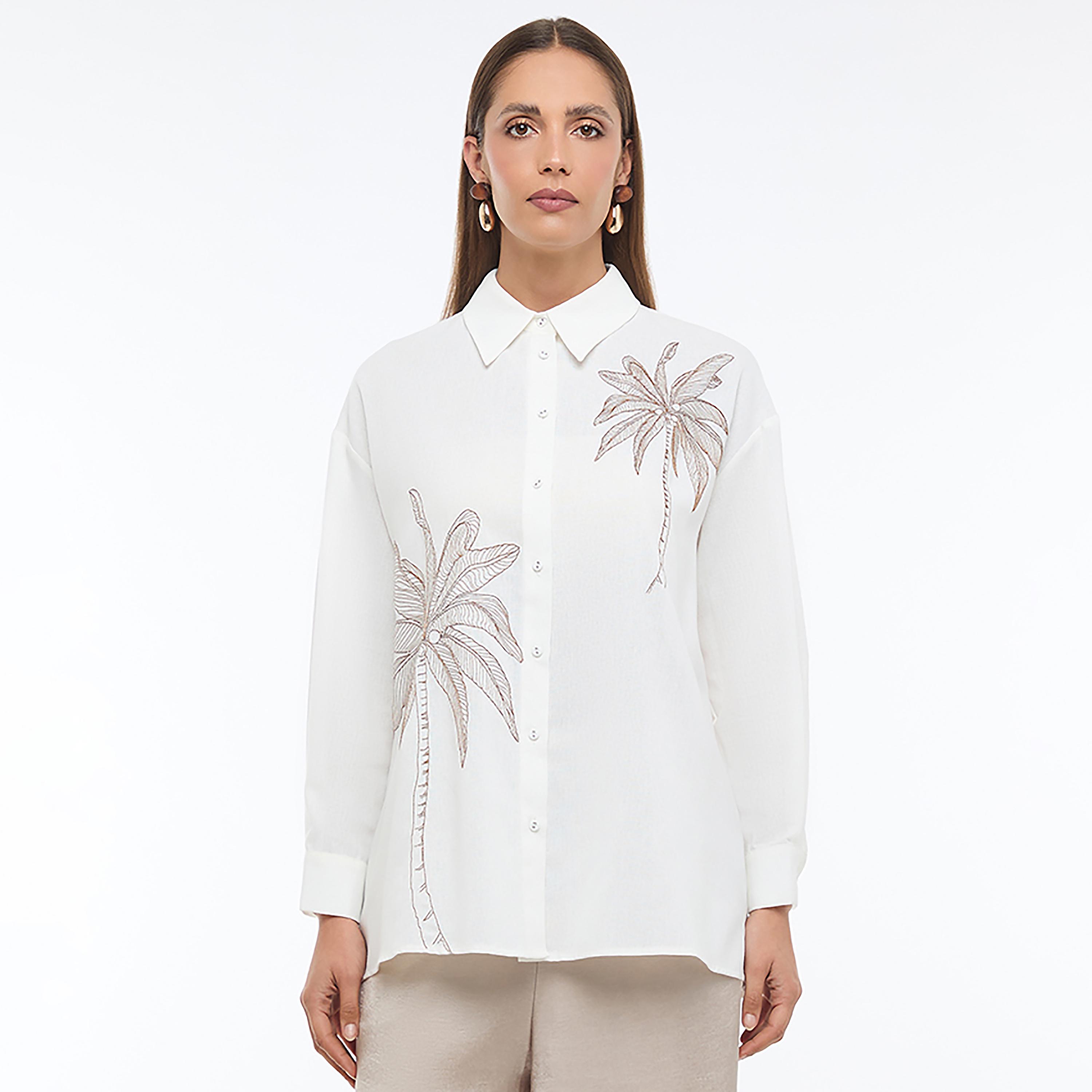 قميص نسائي كتان بتطريز نخيل لون أبيض من بي سي بي جي-women-clothing-shirtsandblouses-shirts-image-1
