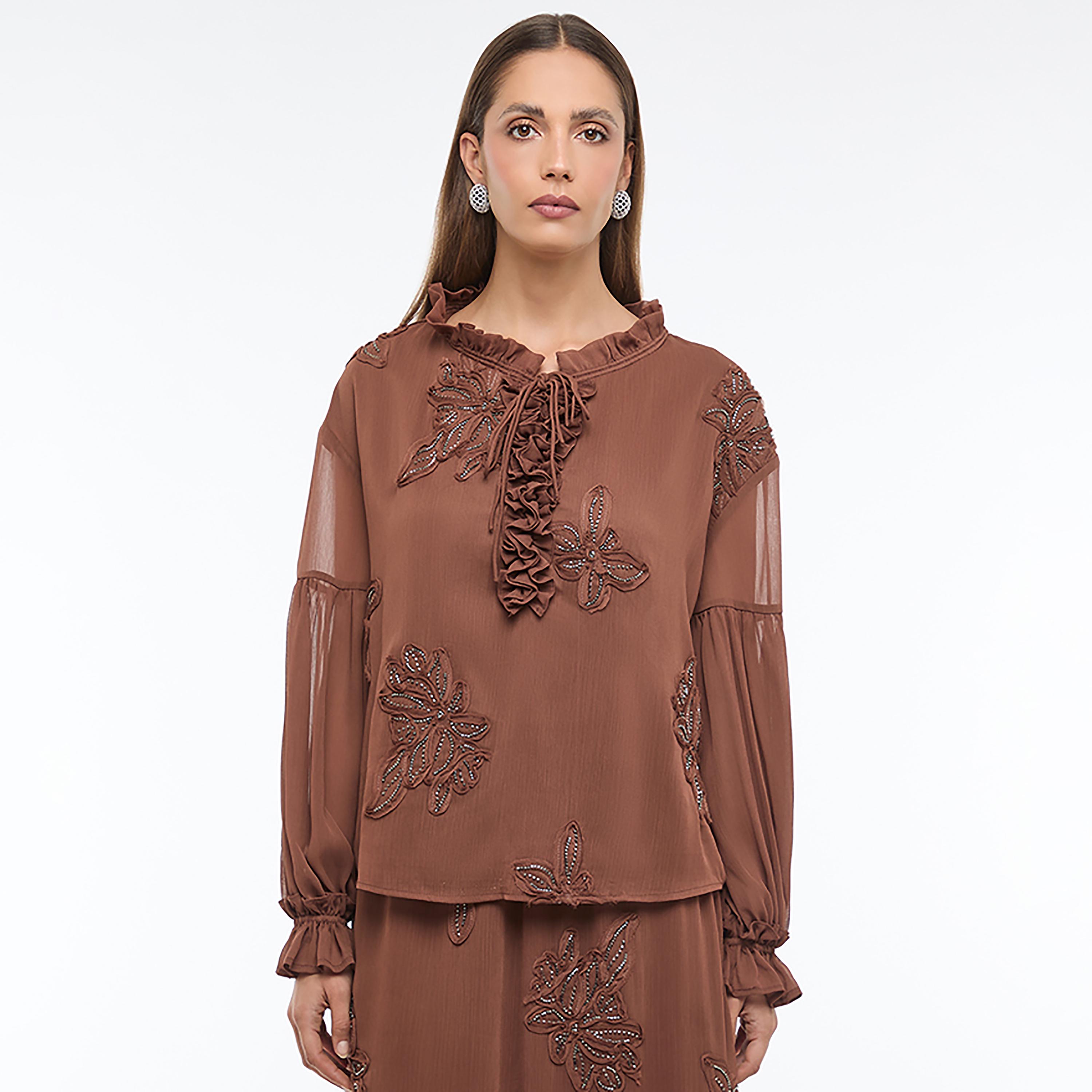 BCBG Brown Floral Embroidered Tie-Up Ruffle Neck Dropped Sleeves Women's Top-women-clothing-shirtsandblouses-blouses-image-1