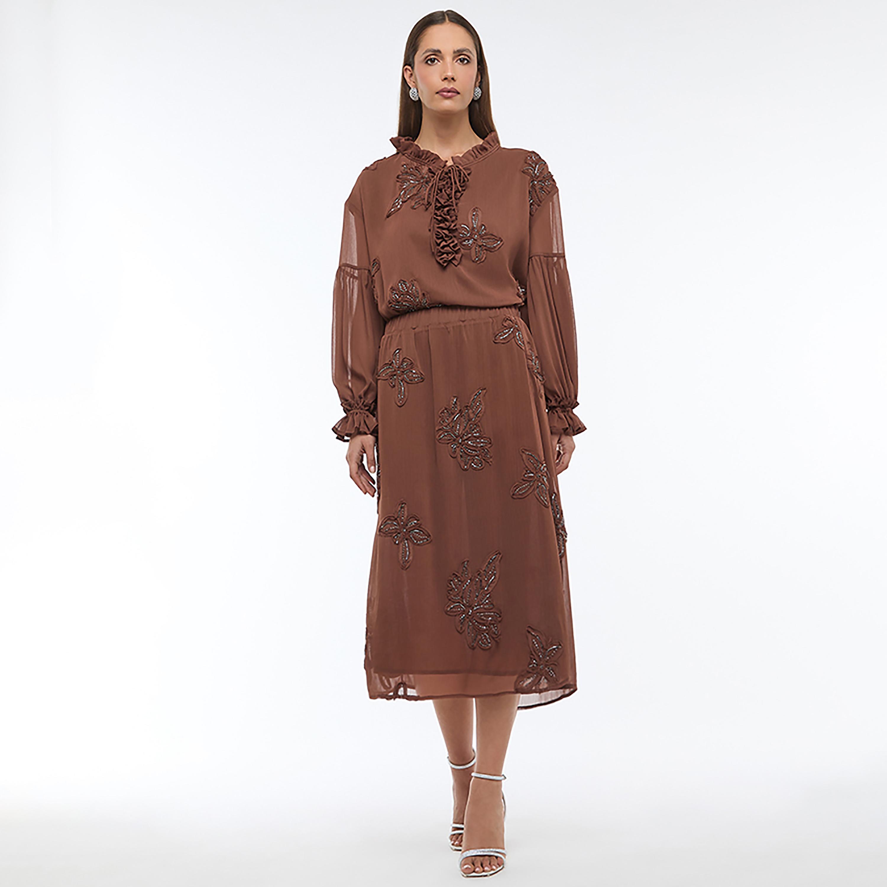 BCBG Brown Floral Embroidered Tie-Up Ruffle Neck Dropped Sleeves Women's Top-women-clothing-shirtsandblouses-blouses-image-2