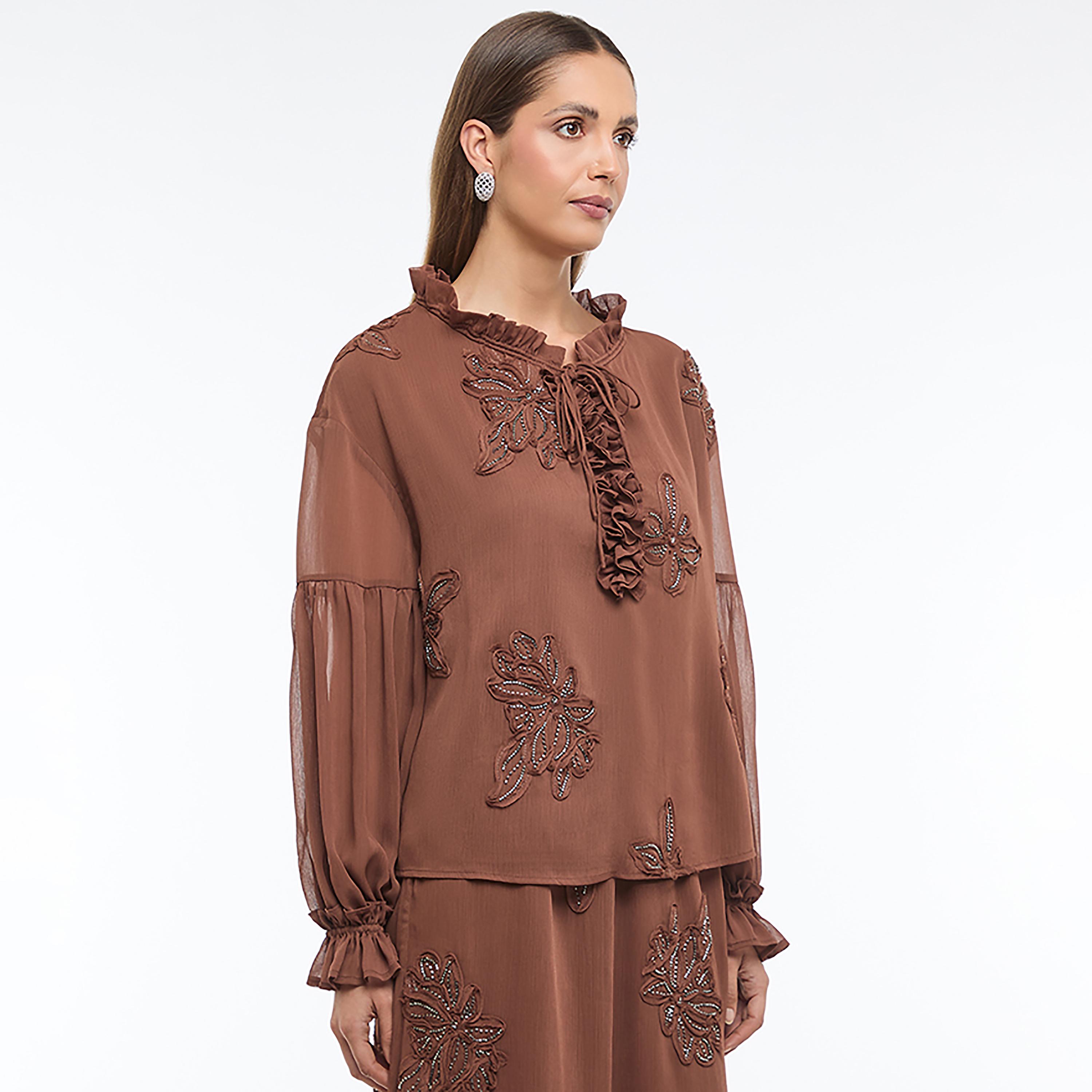 BCBG Brown Floral Embroidered Tie-Up Ruffle Neck Dropped Sleeves Women's Top-women-clothing-shirtsandblouses-blouses-image-3