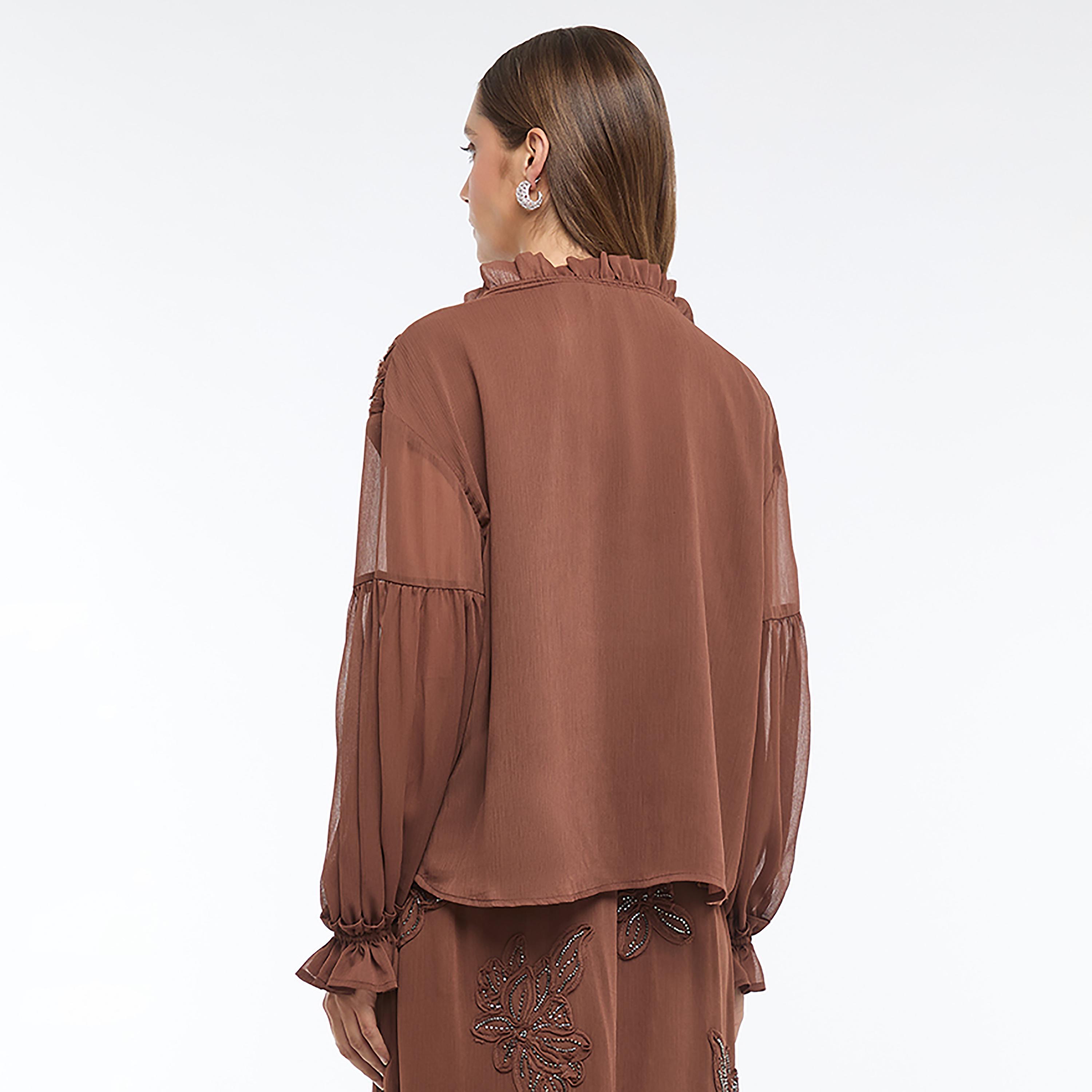 BCBG Brown Floral Embroidered Tie-Up Ruffle Neck Dropped Sleeves Women's Top-women-clothing-shirtsandblouses-blouses-image-4