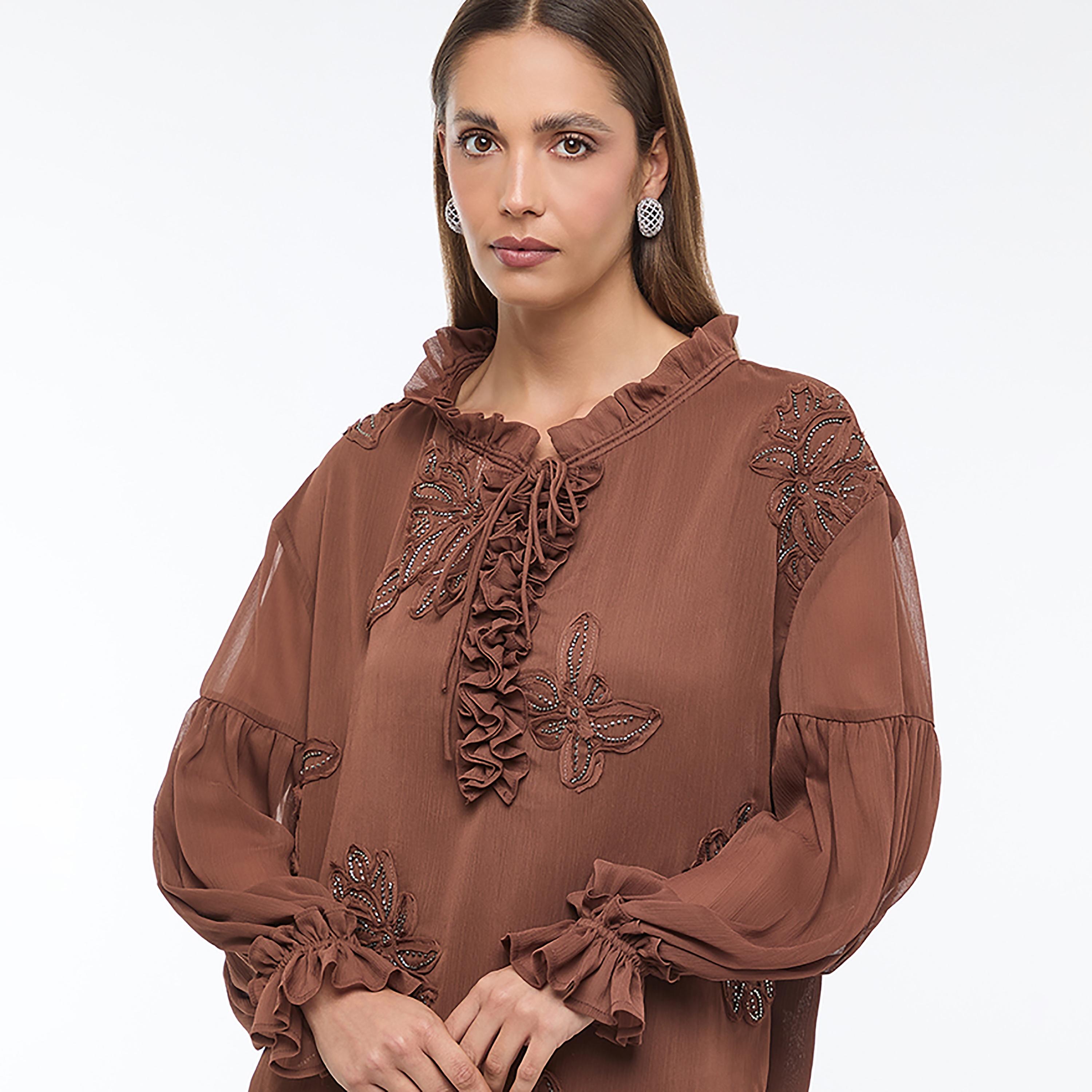 BCBG Brown Floral Embroidered Tie-Up Ruffle Neck Dropped Sleeves Women's Top-women-clothing-shirtsandblouses-blouses-image-5