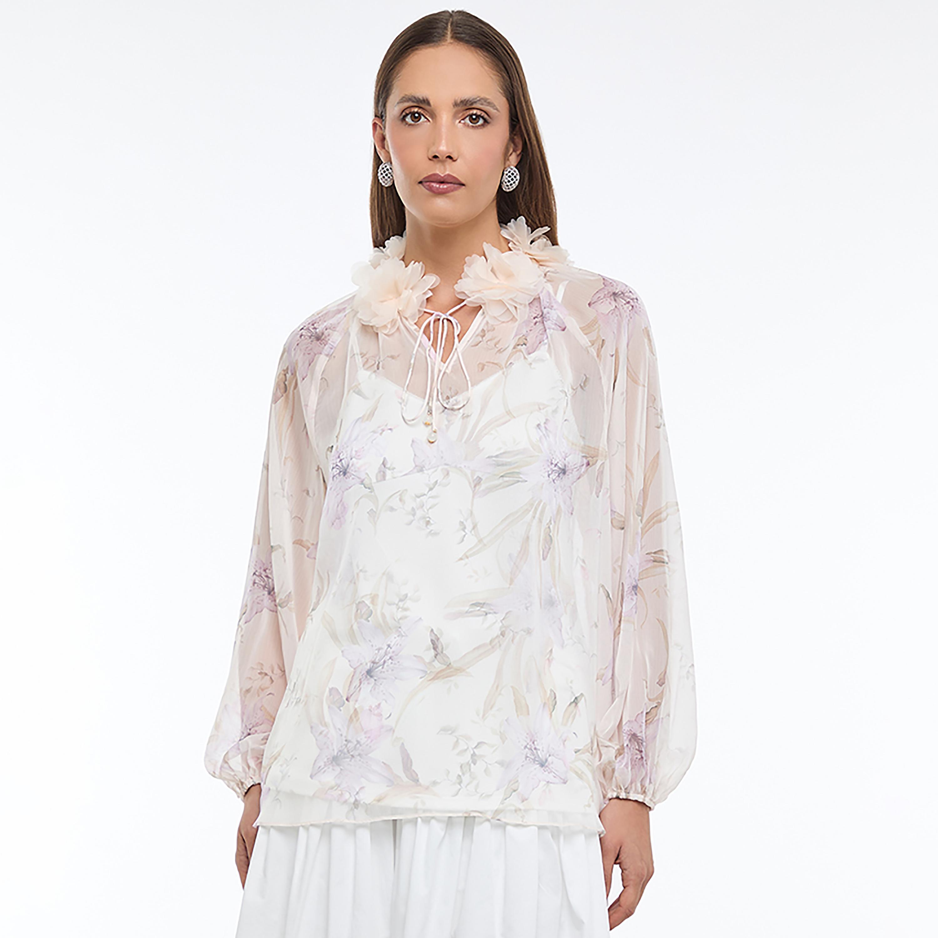 BCBG White Floral Print Woven Tie-Up Neck Balloon Sleeves Women's Top-women-clothing-shirtsandblouses-blouses-image-1