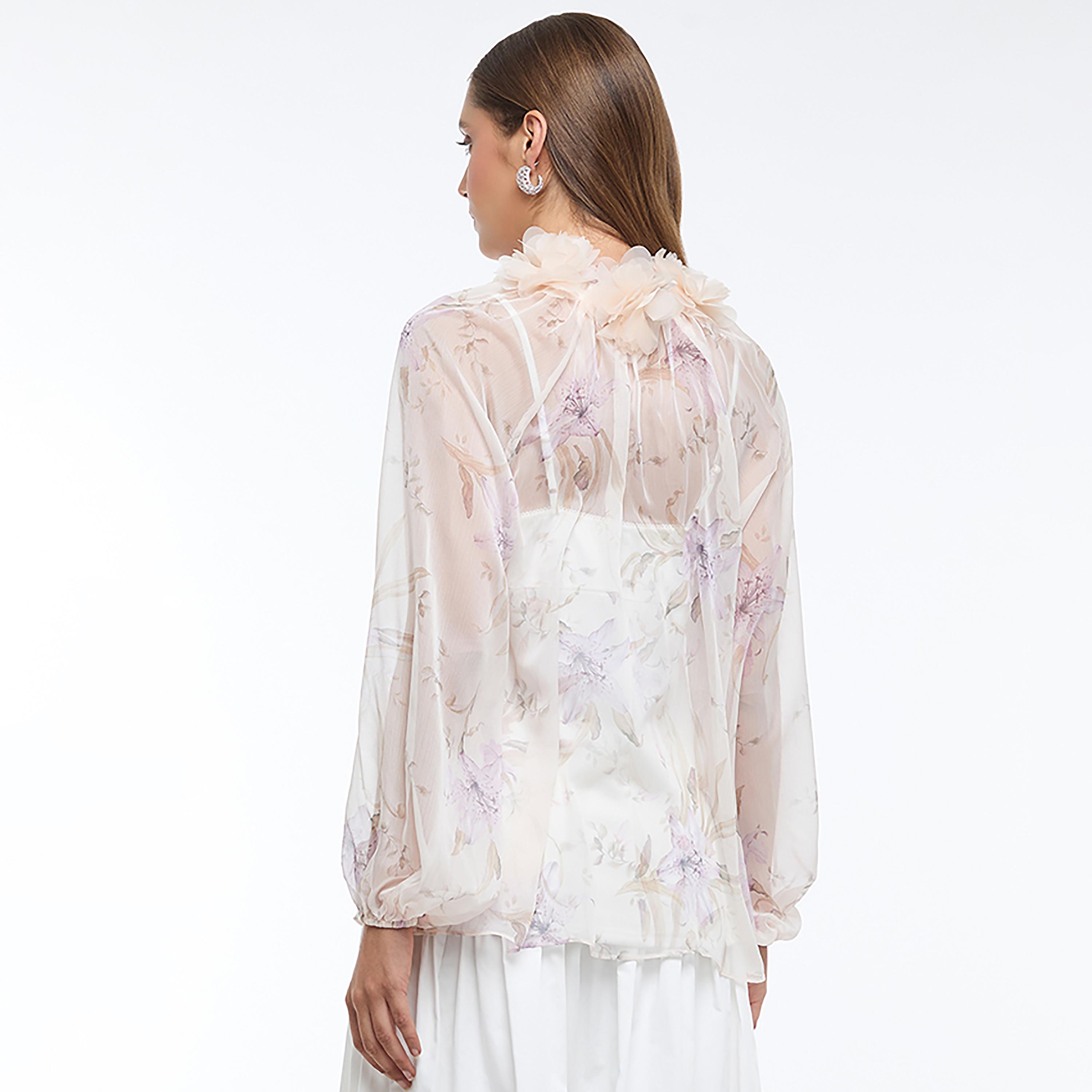 BCBG White Floral Print Woven Tie-Up Neck Balloon Sleeves Women's Top-women-clothing-shirtsandblouses-blouses-image-4