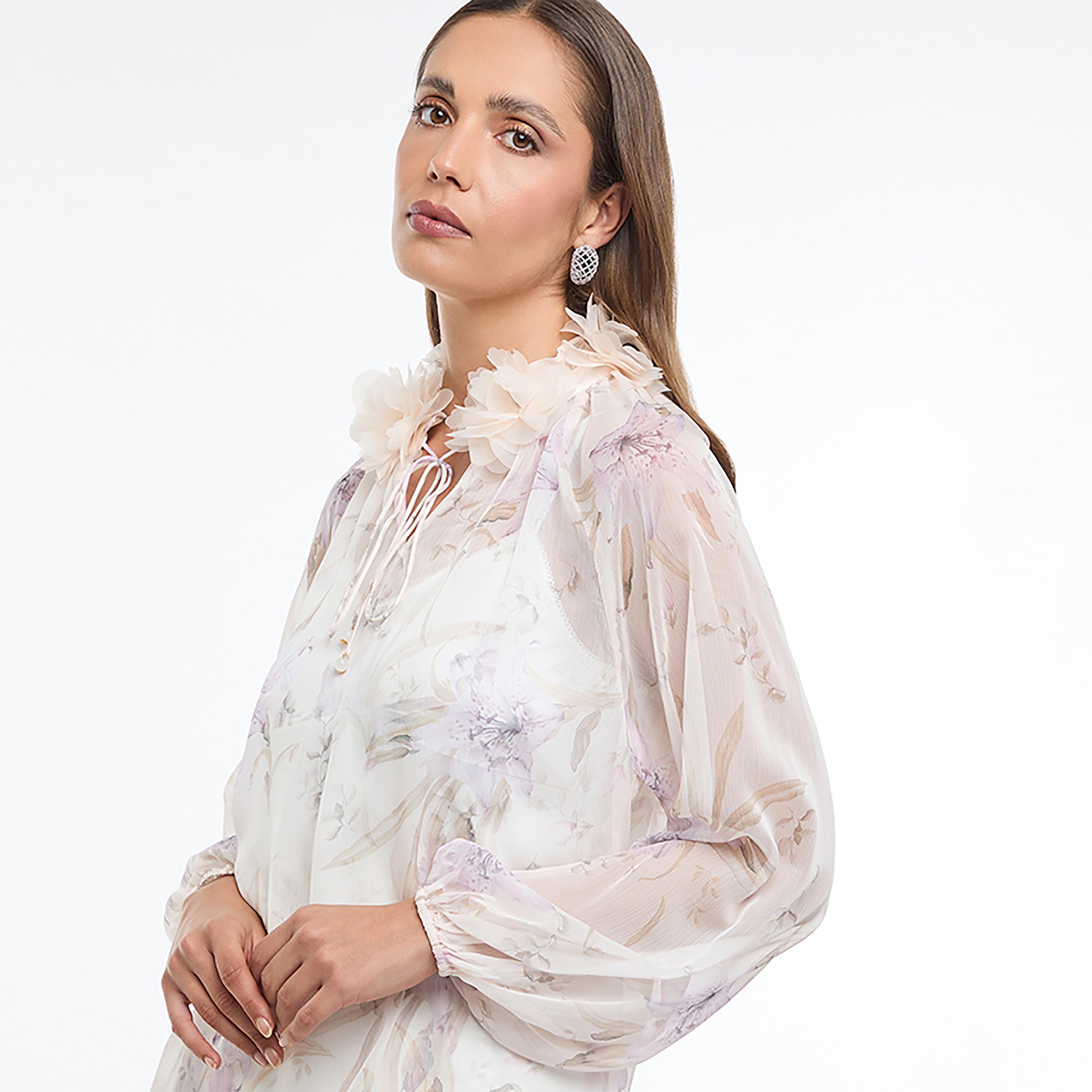 BCBG White Floral Print Woven Tie-Up Neck Balloon Sleeves Women's Top-women-clothing-shirtsandblouses-blouses-image-5