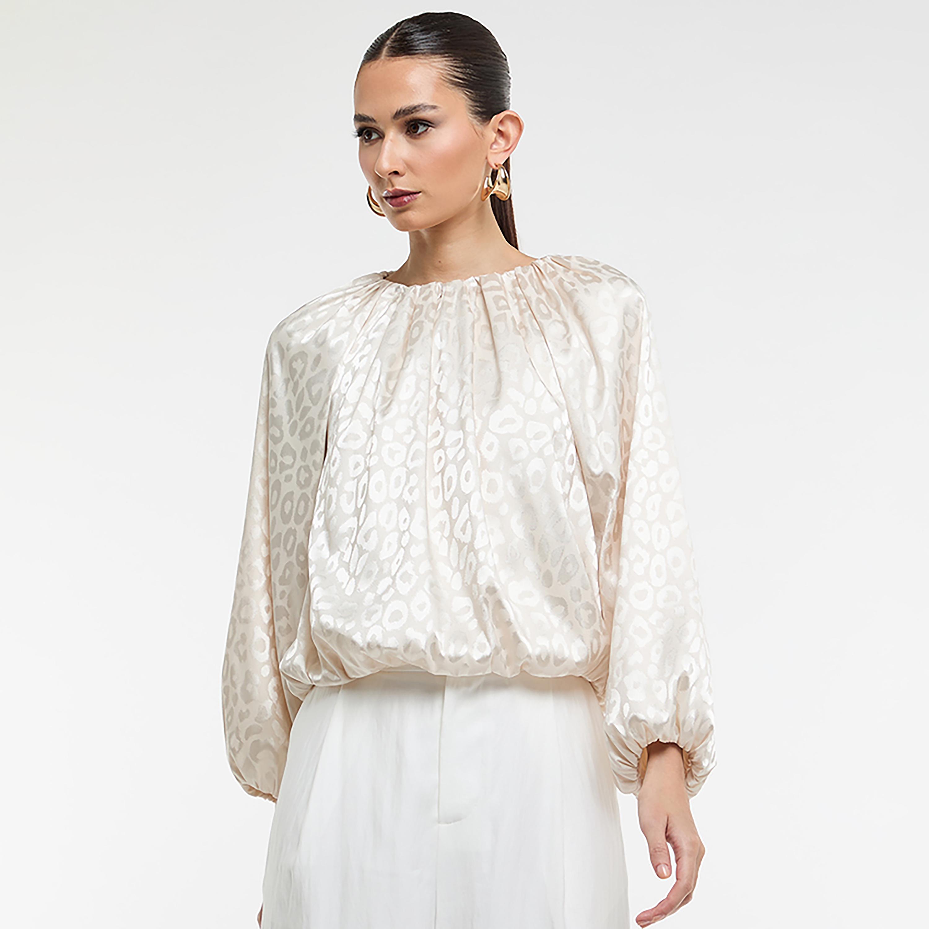 BCBG Beige Animal Print Balloon Sleeves Women's Top-women-clothing-shirtsandblouses-blouses-image-1