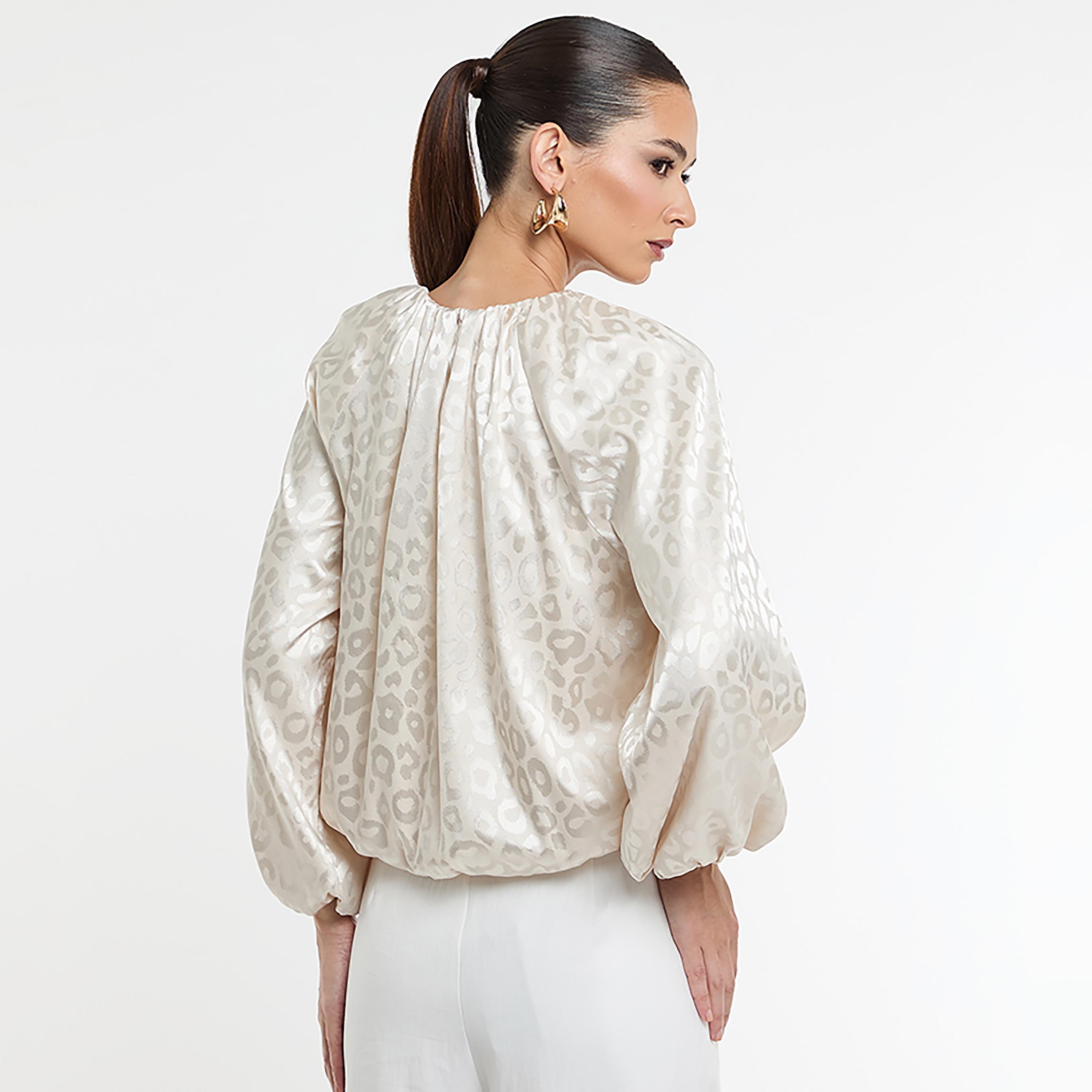 BCBG Beige Animal Print Balloon Sleeves Women's Top-women-clothing-shirtsandblouses-blouses-image-3