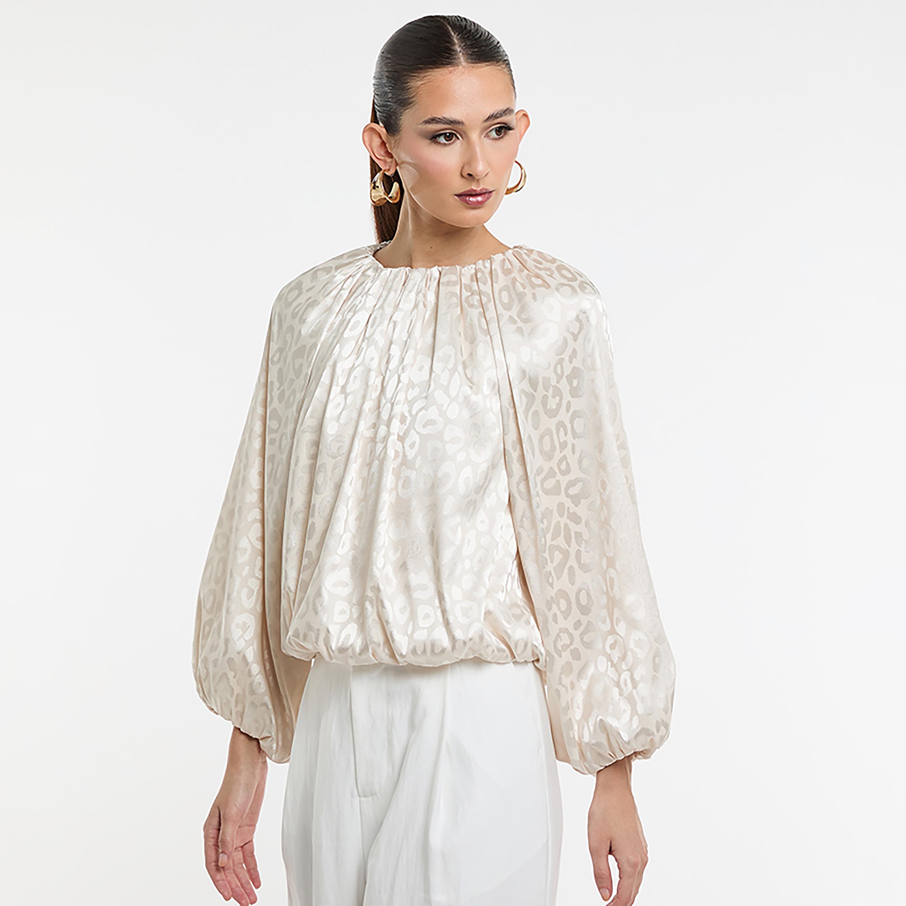 BCBG Beige Animal Print Balloon Sleeves Women's Top-women-clothing-shirtsandblouses-blouses-image-5