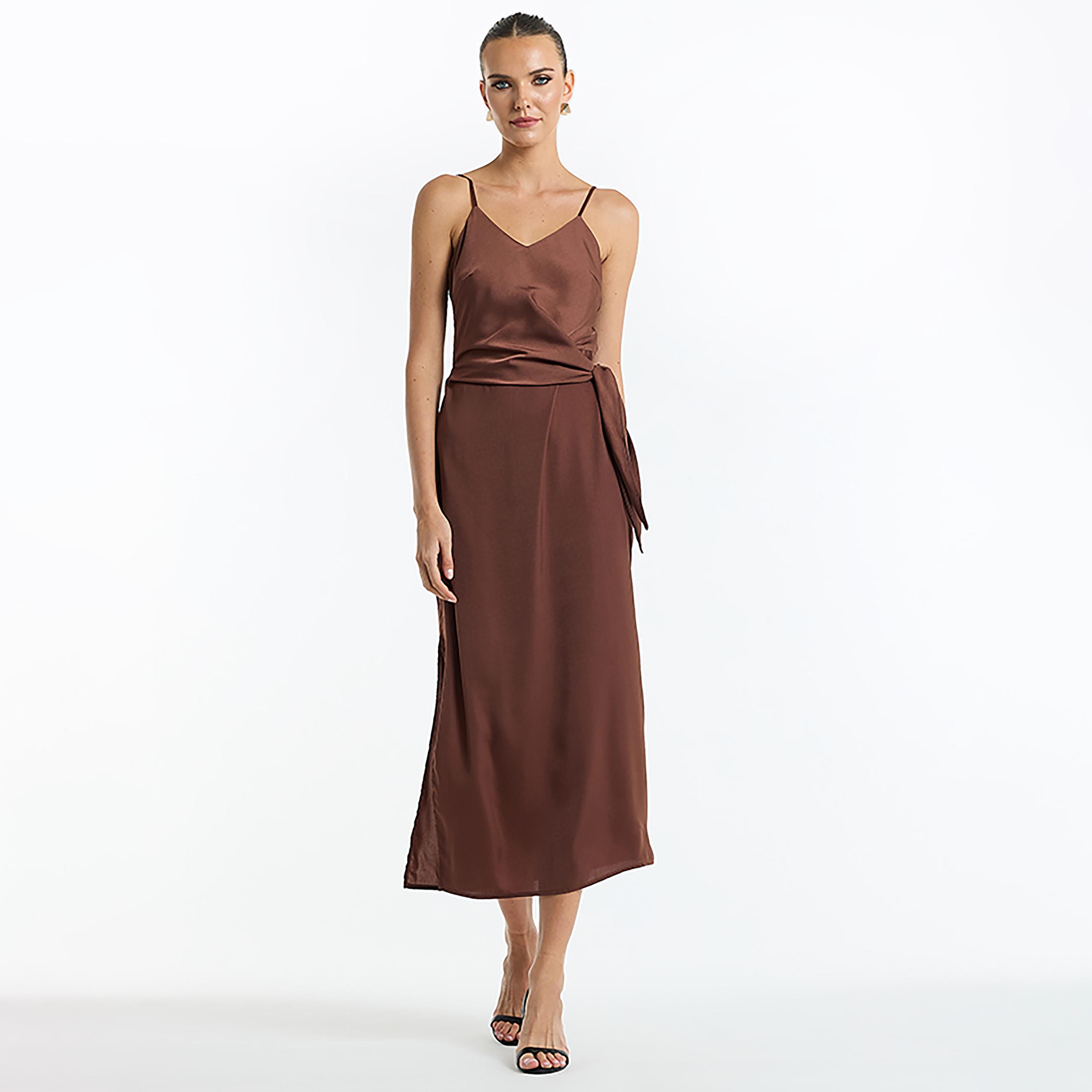 BCBG Satin Wrap Waist Shoulder Strap Slit Women's Midi Dress-women-clothing-dresses-image-1
