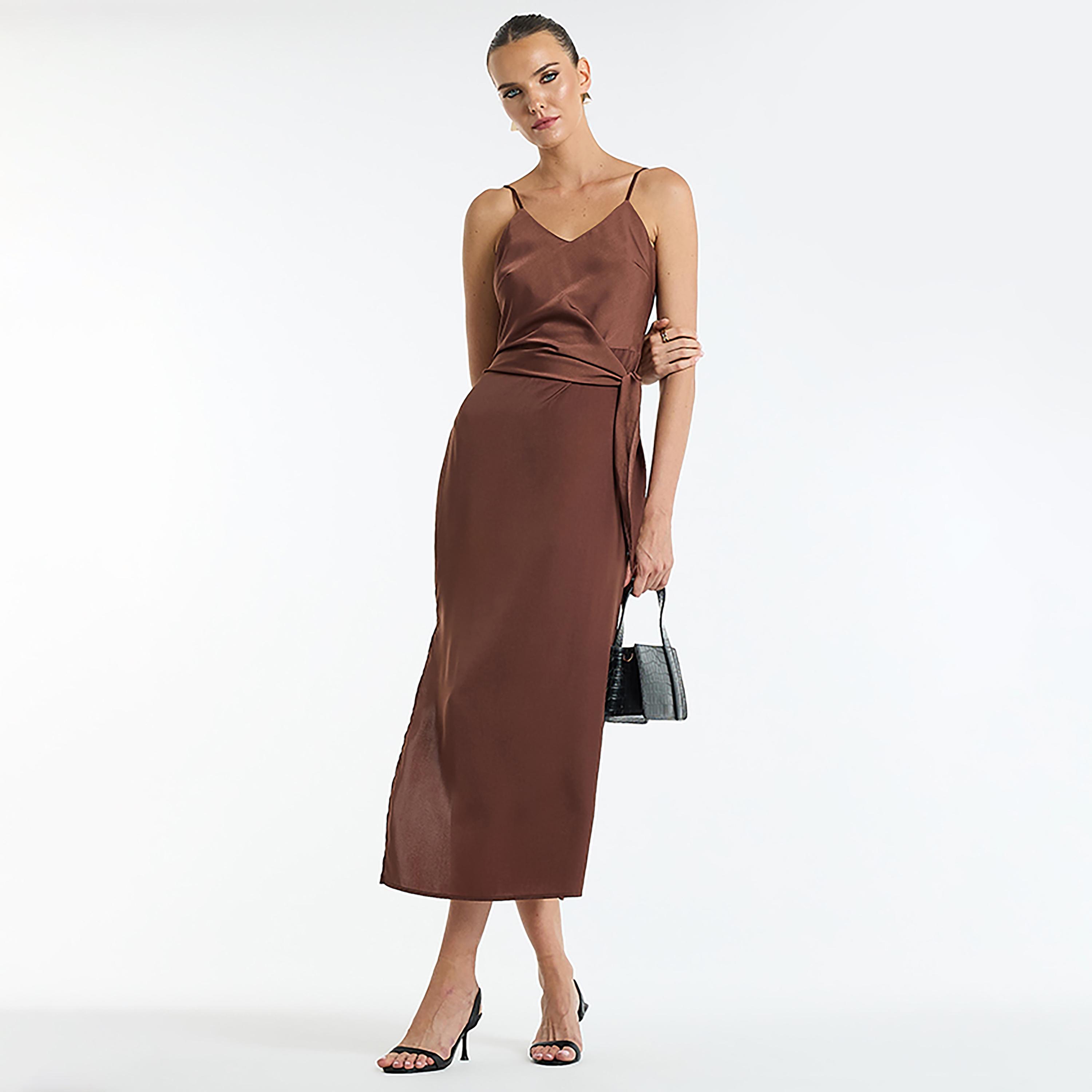 BCBG Satin Wrap Waist Shoulder Strap Slit Women's Midi Dress-women-clothing-dresses-image-2