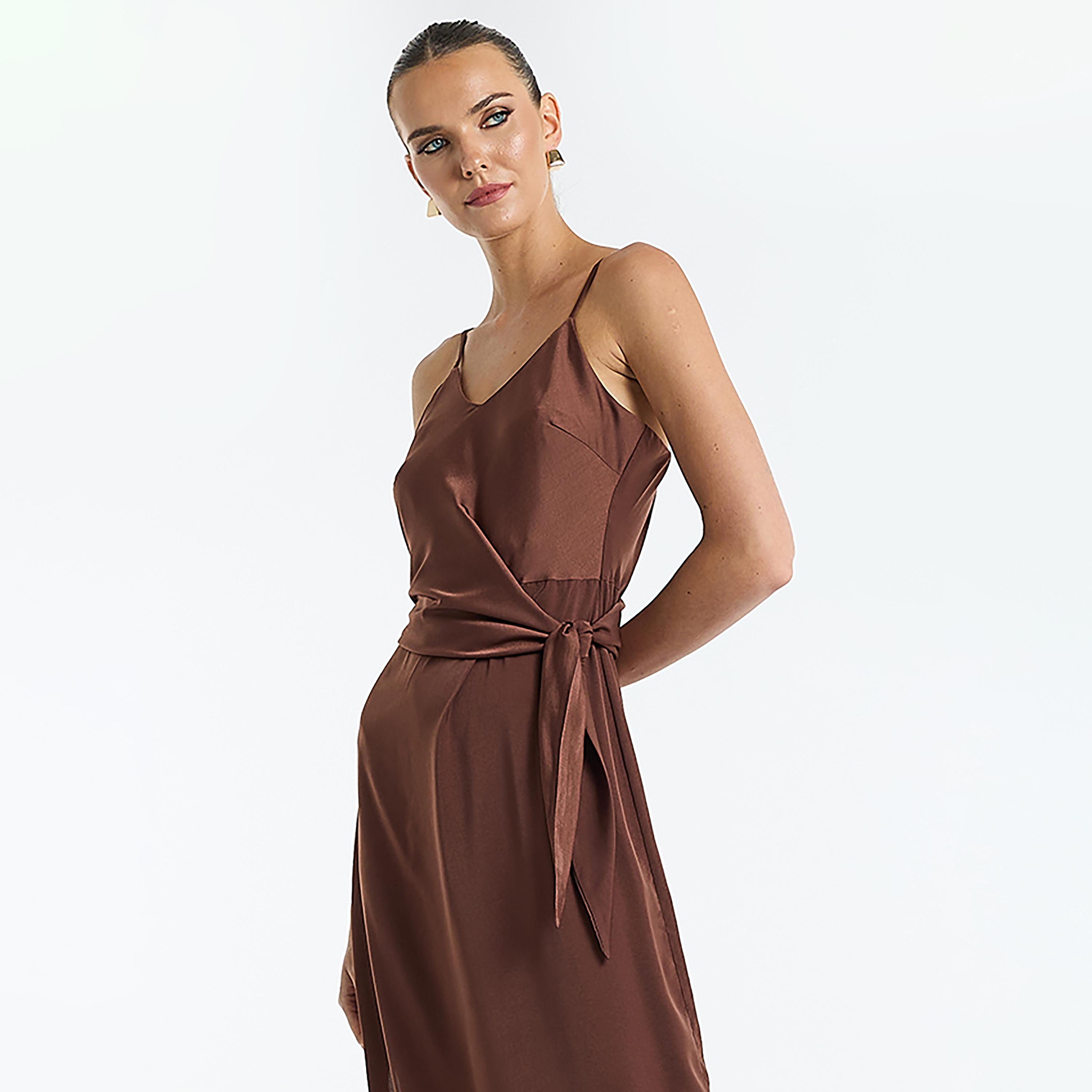 BCBG Satin Wrap Waist Shoulder Strap Slit Women's Midi Dress-women-clothing-dresses-image-4
