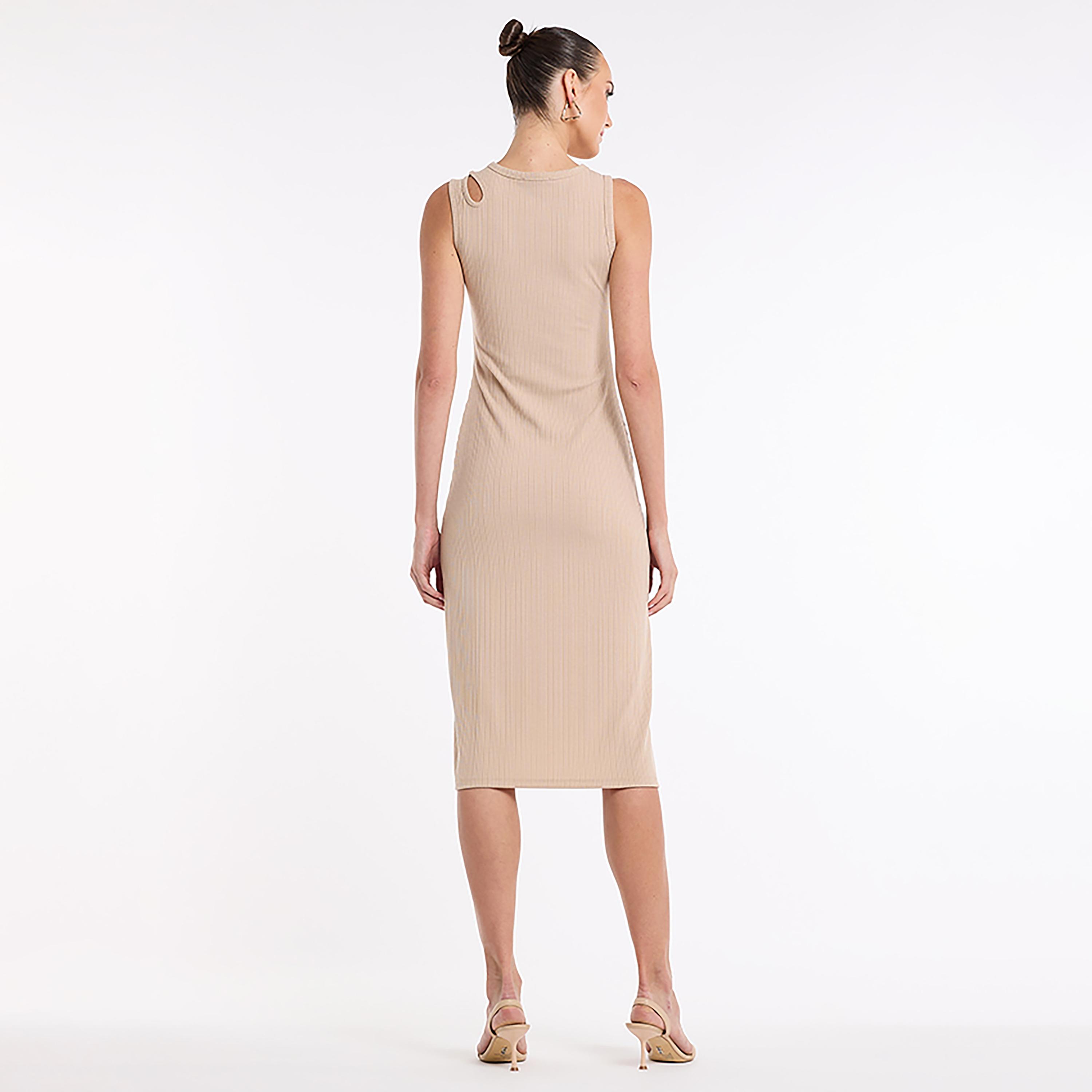 BCBG Beige Ribbed Cut Out Detail Bodycon Women's Midi Dress-women-clothing-dresses-image-3