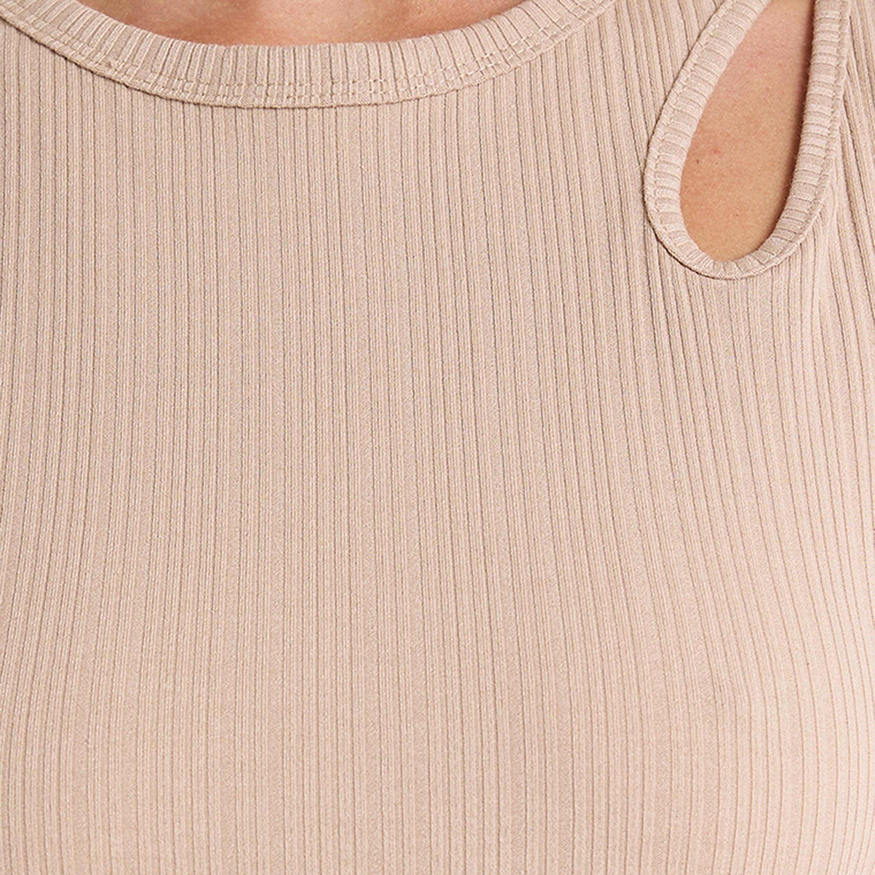 BCBG Beige Ribbed Cut Out Detail Bodycon Women's Midi Dress-women-clothing-dresses-image-5