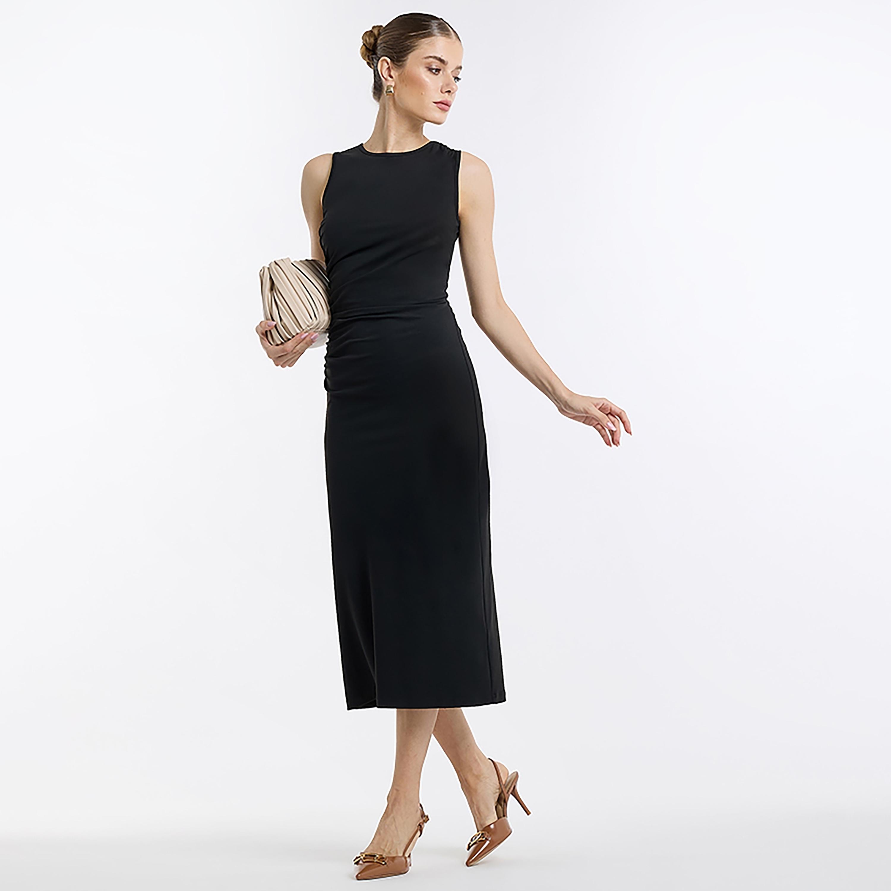 ستان أسود متوسط ​​الطول مع كشكشة للنساء بي سي بي جي-women-clothing-dresses-image-2