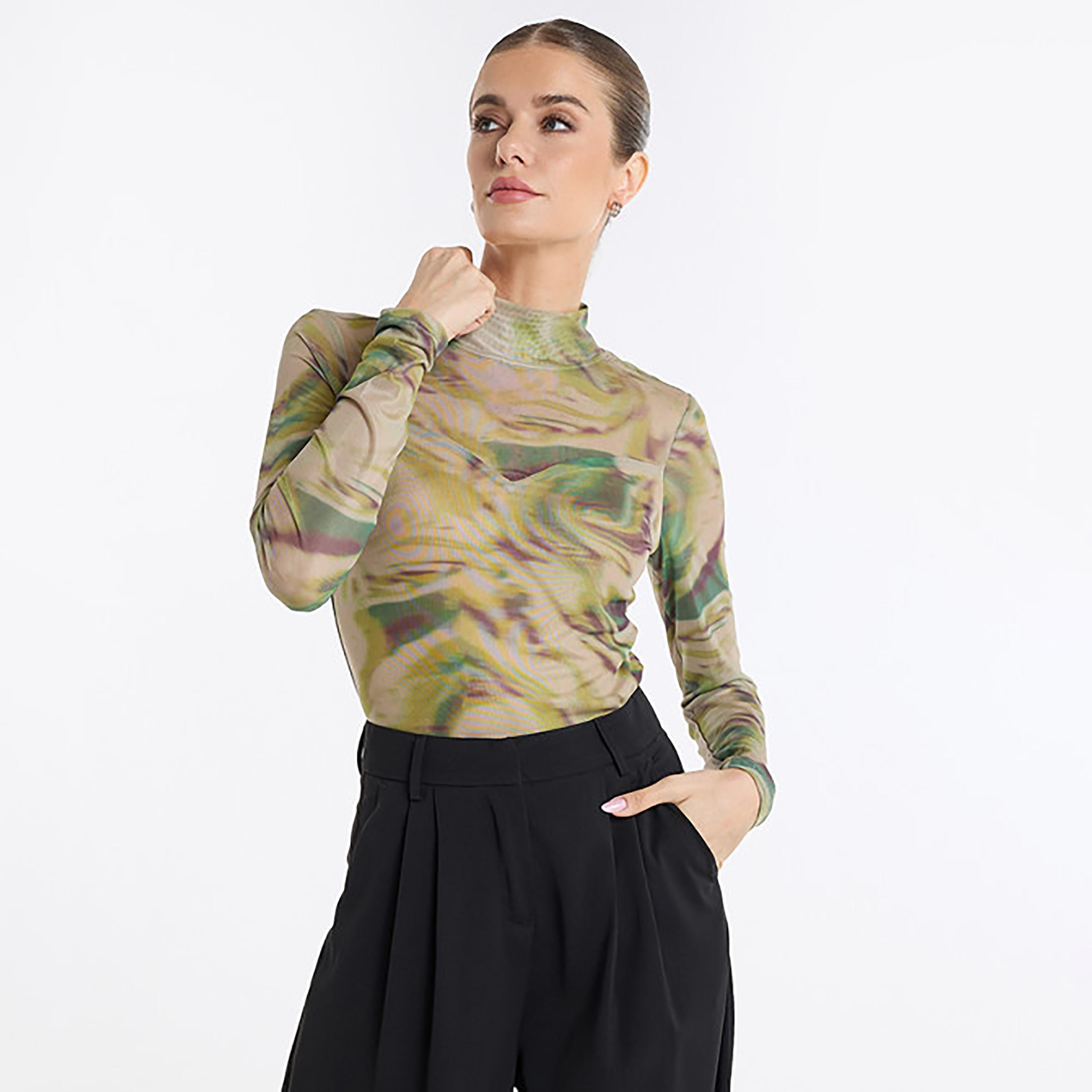 BCBG Green Mock Neck Mesh Printed Women's Bodysuit-women-clothing-shirtsandblouses-blouses-image-1
