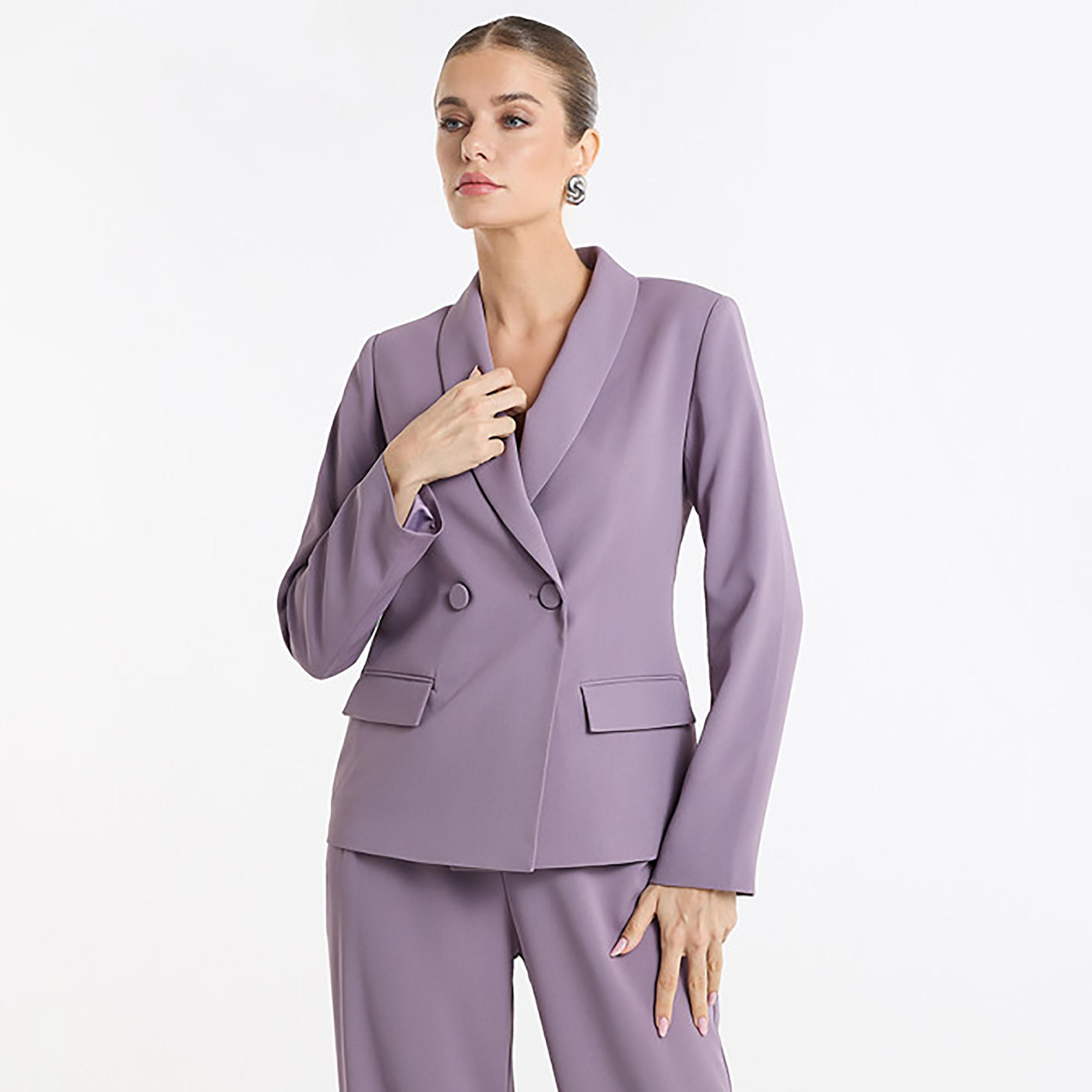 BCBG Purple Lapel Collar Women's Double Breasted Blazer-women-clothing-coatsandjackets-blazers-image-1