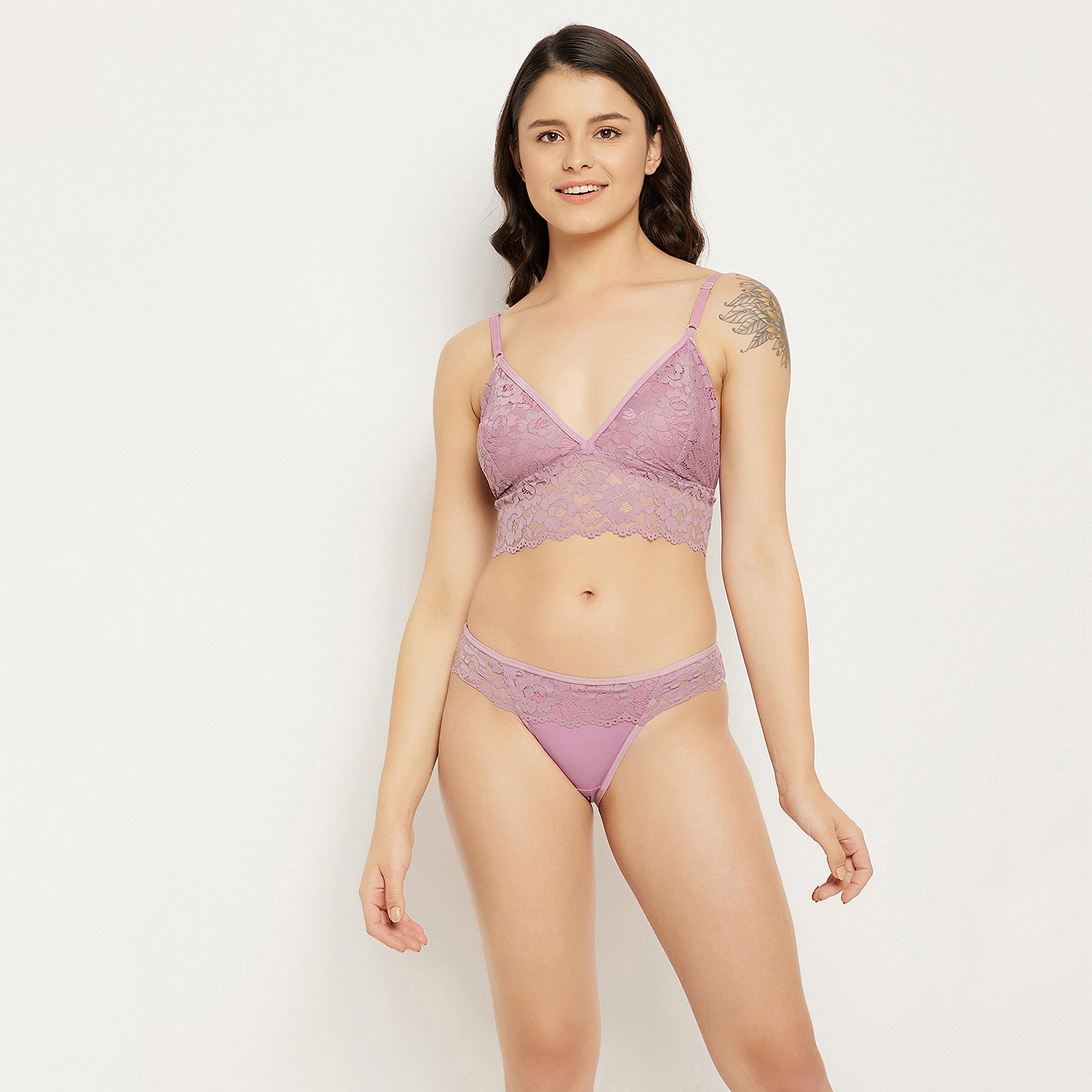 Clovia Non-Padded Non-Wired Plunge Bralette & Low Waist Women's Bikini Panty Set in Lilac - Lace	-women-clothing-lingerie-lingeriesets-image-1