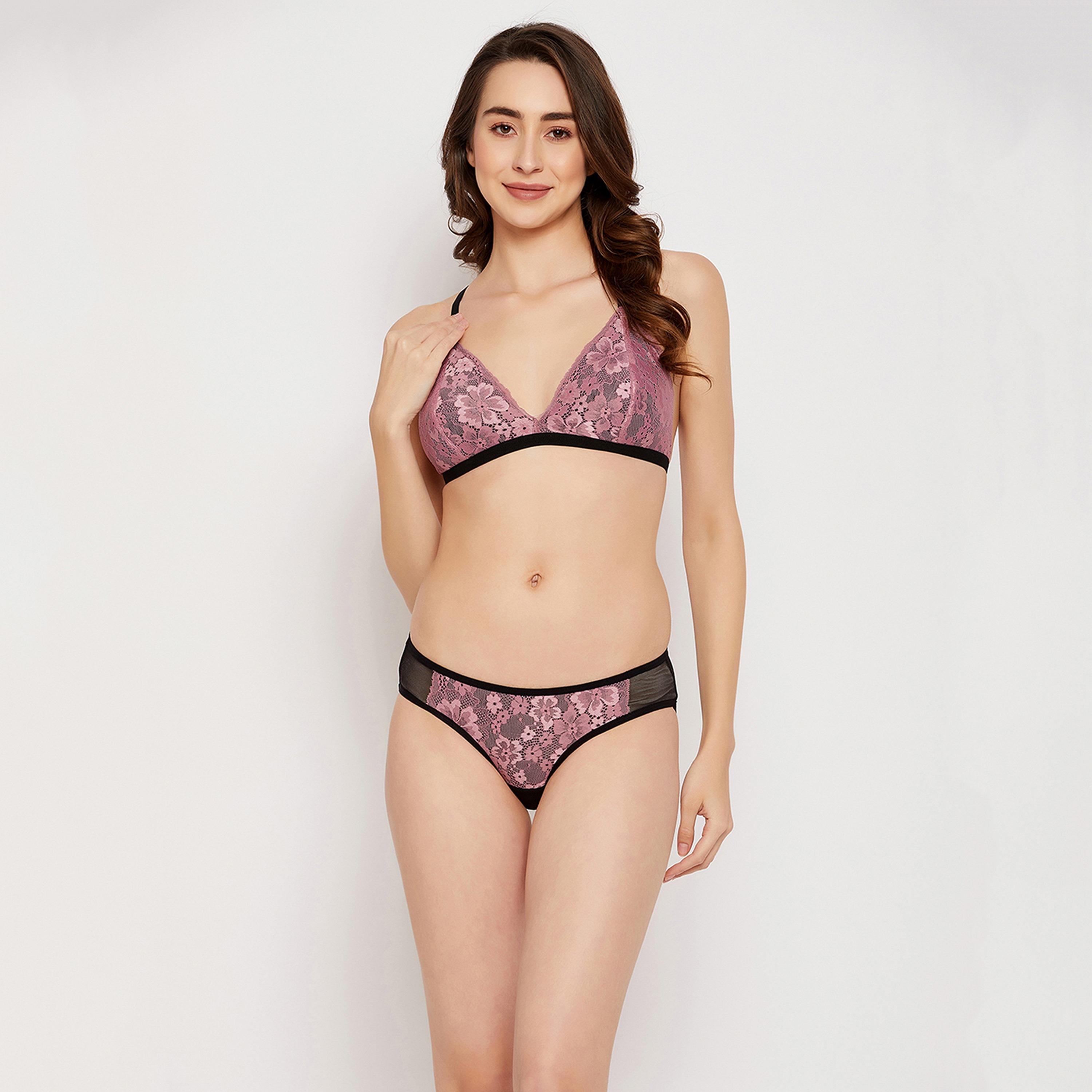 Clovia Non-Padded Non-Wired Demi Cup Plunge Bra & Low Waist Women's Bikini Panty in Lilac - Lace-women-clothing-lingerie-lingeriesets-image-1