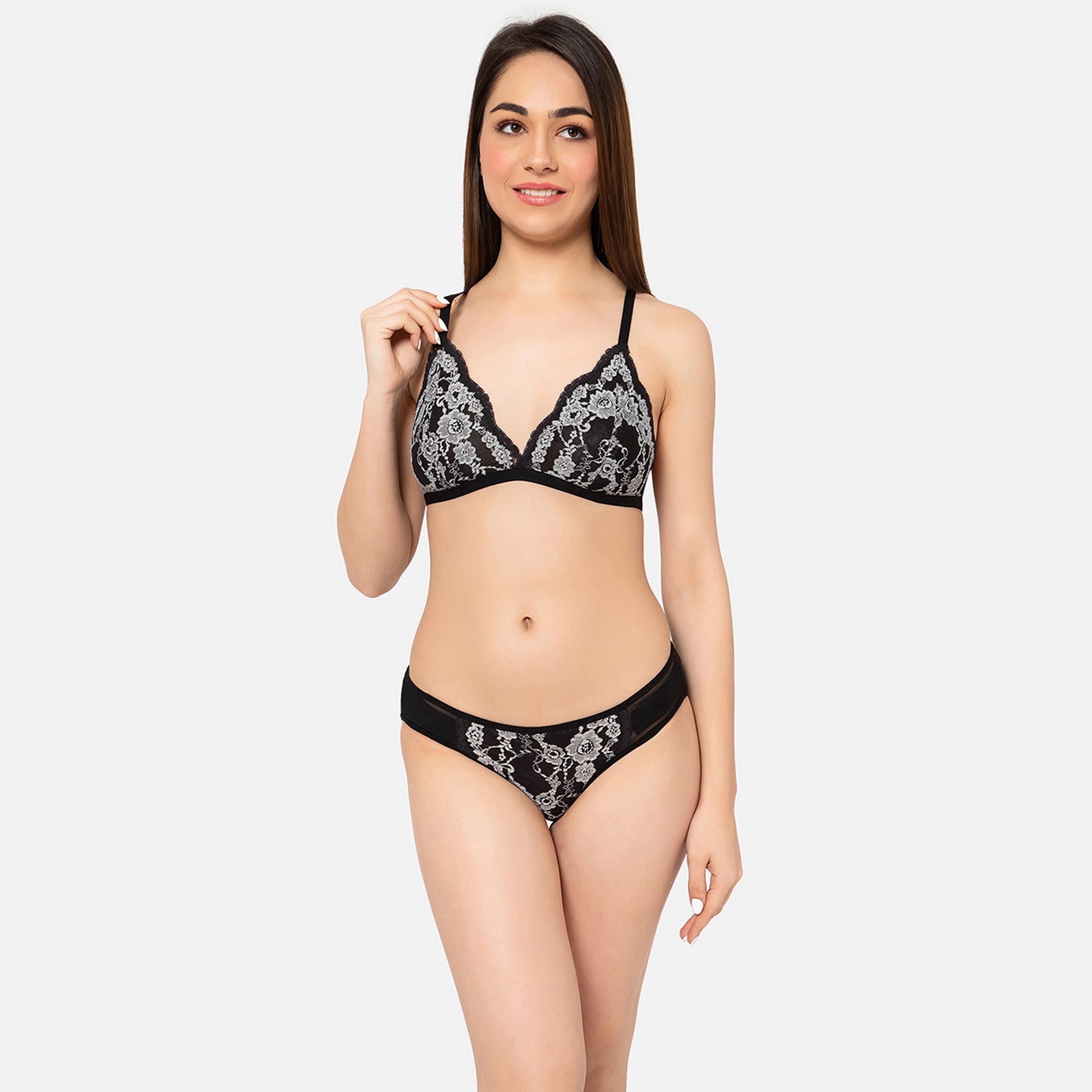 Clovia Non-Padded Non-Wired Demi Cup Plunge Bra & Low Waist Women's Bikini Panty in Black - Lace-women-clothing-lingerie-lingeriesets-image-1
