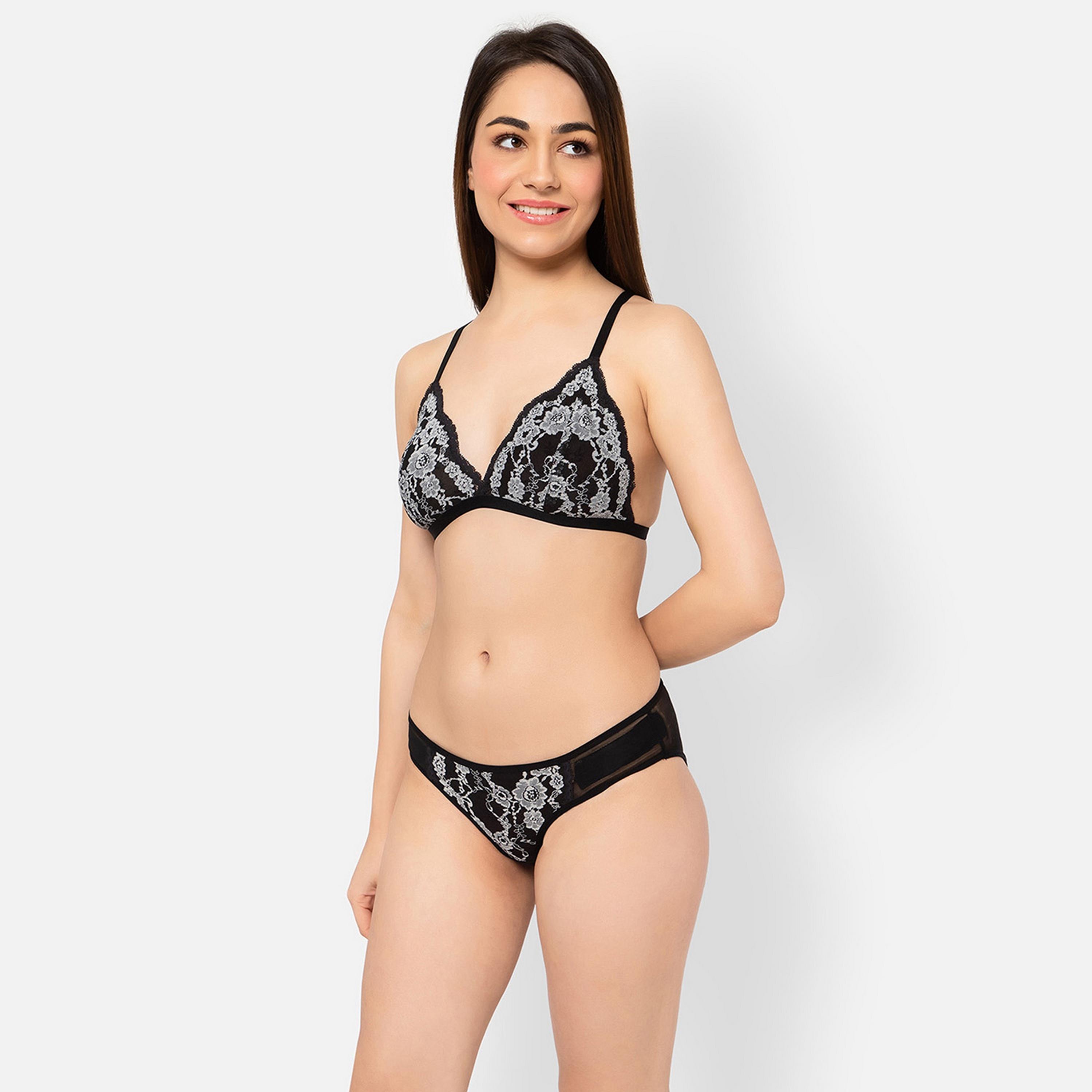 Clovia Non-Padded Non-Wired Demi Cup Plunge Bra & Low Waist Women's Bikini Panty in Black - Lace-women-clothing-lingerie-lingeriesets-image-4