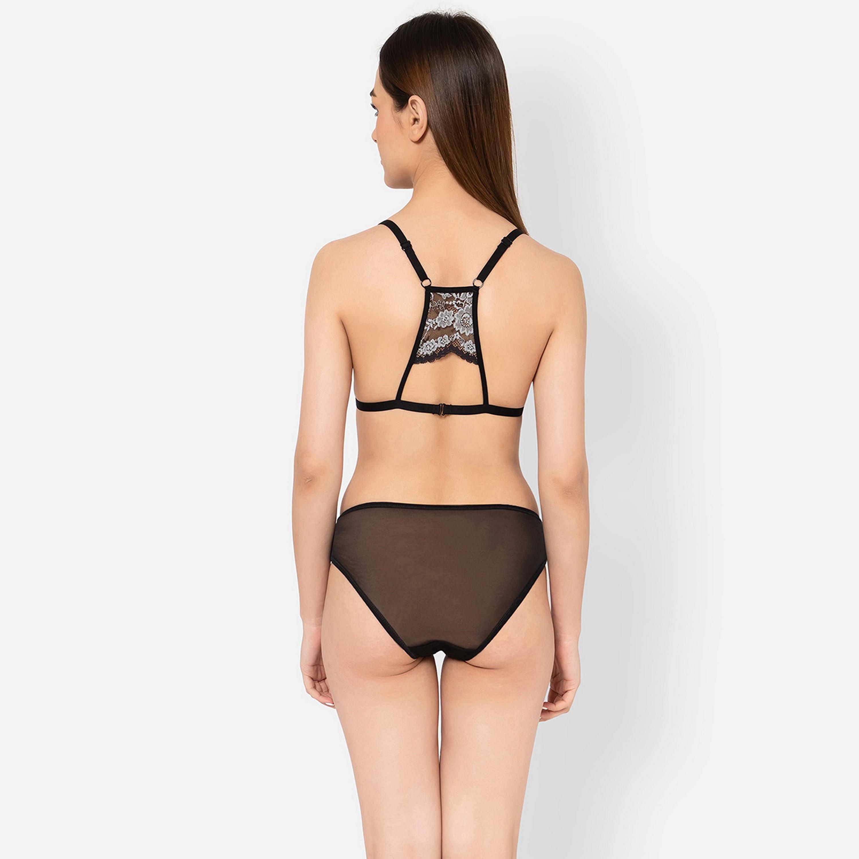 Clovia Non-Padded Non-Wired Demi Cup Plunge Bra & Low Waist Women's Bikini Panty in Black - Lace-women-clothing-lingerie-lingeriesets-image-5