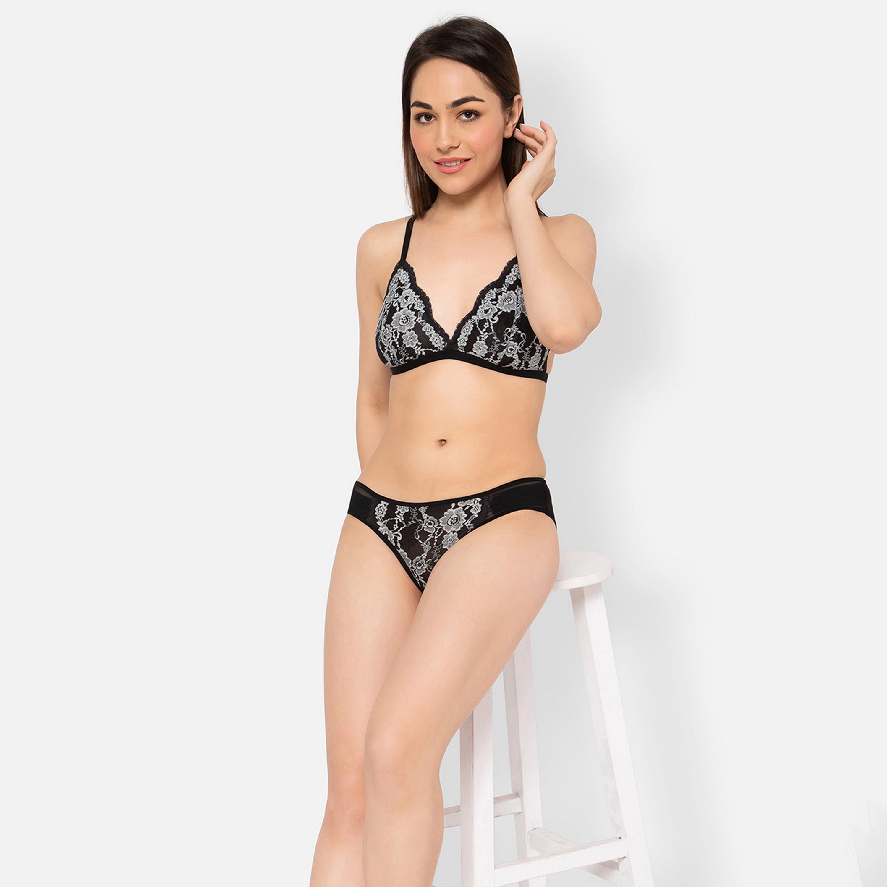 Clovia Non-Padded Non-Wired Demi Cup Plunge Bra & Low Waist Women's Bikini Panty in Black - Lace-women-clothing-lingerie-lingeriesets-image-7