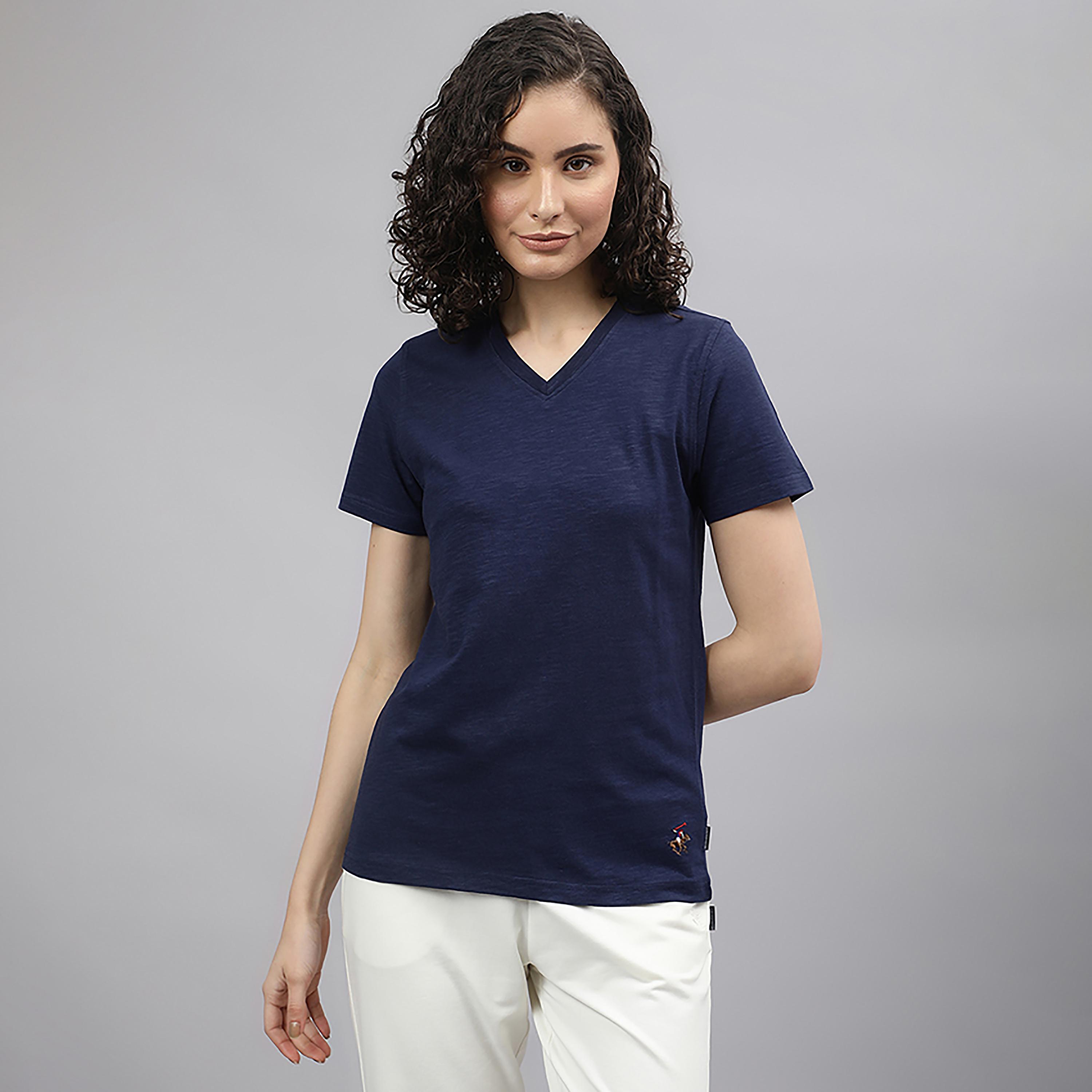 تي شرت سادة برقبة على شكل حرفv وأكمام قصيرة من بيفرلي هيلز بولو كلوب-women-clothing-tshirts-image-1