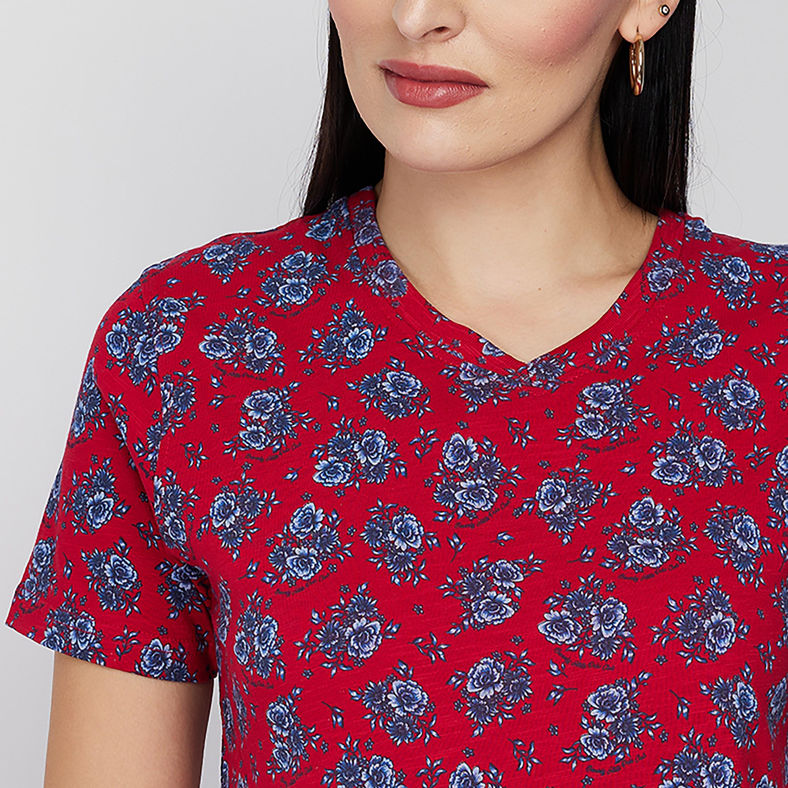تي شيرت بيفرلي هيلز بولو كلوب بياقة على شكل وي وأكمام قصيرة مع زھور-women-clothing-tshirts-image-2