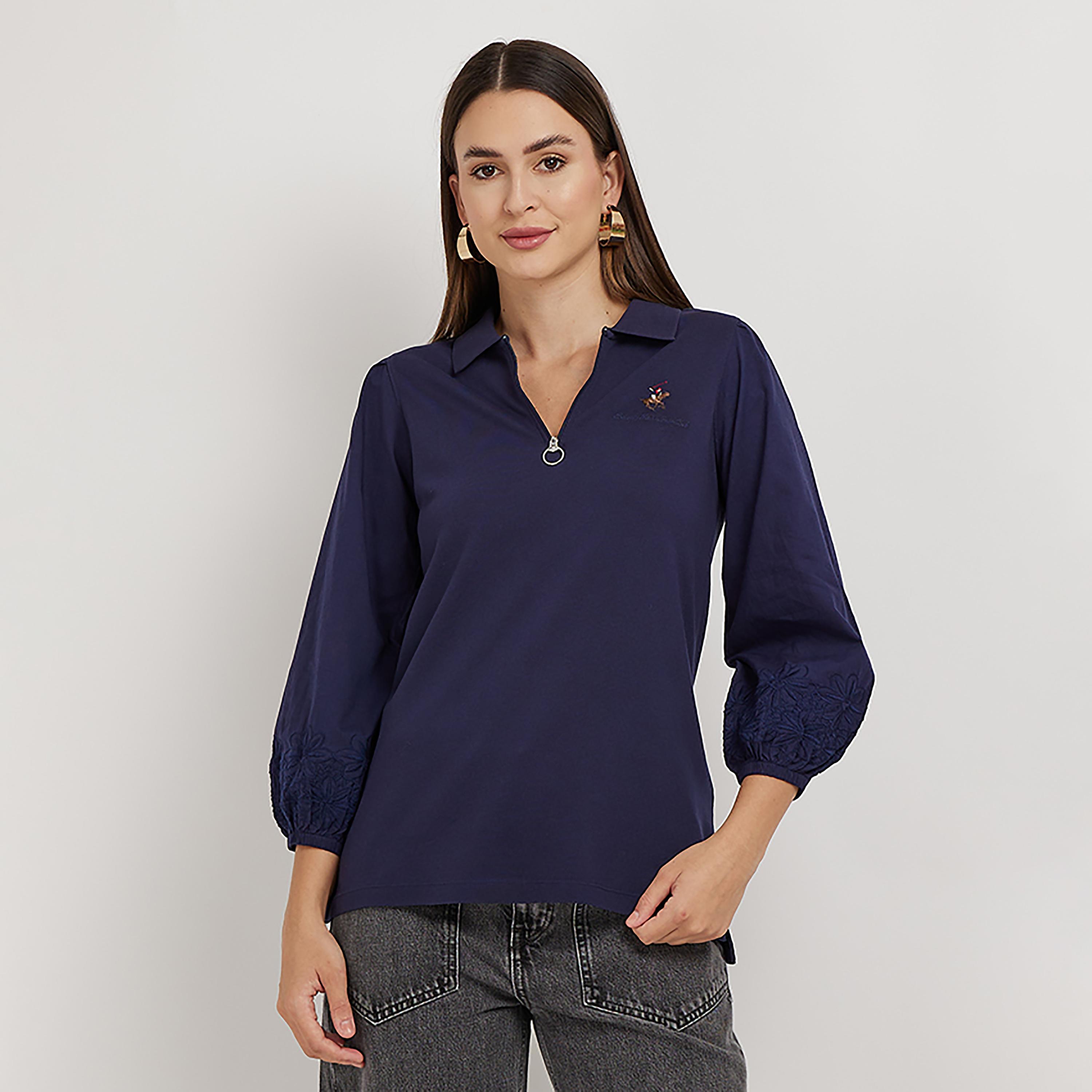 بلوزة مطرزة من بيفرلي هيلز بولو كلوب بأكمام ثلاثة أرباع وياقات-women-clothing-shirtsandblouses-blouses-image-1