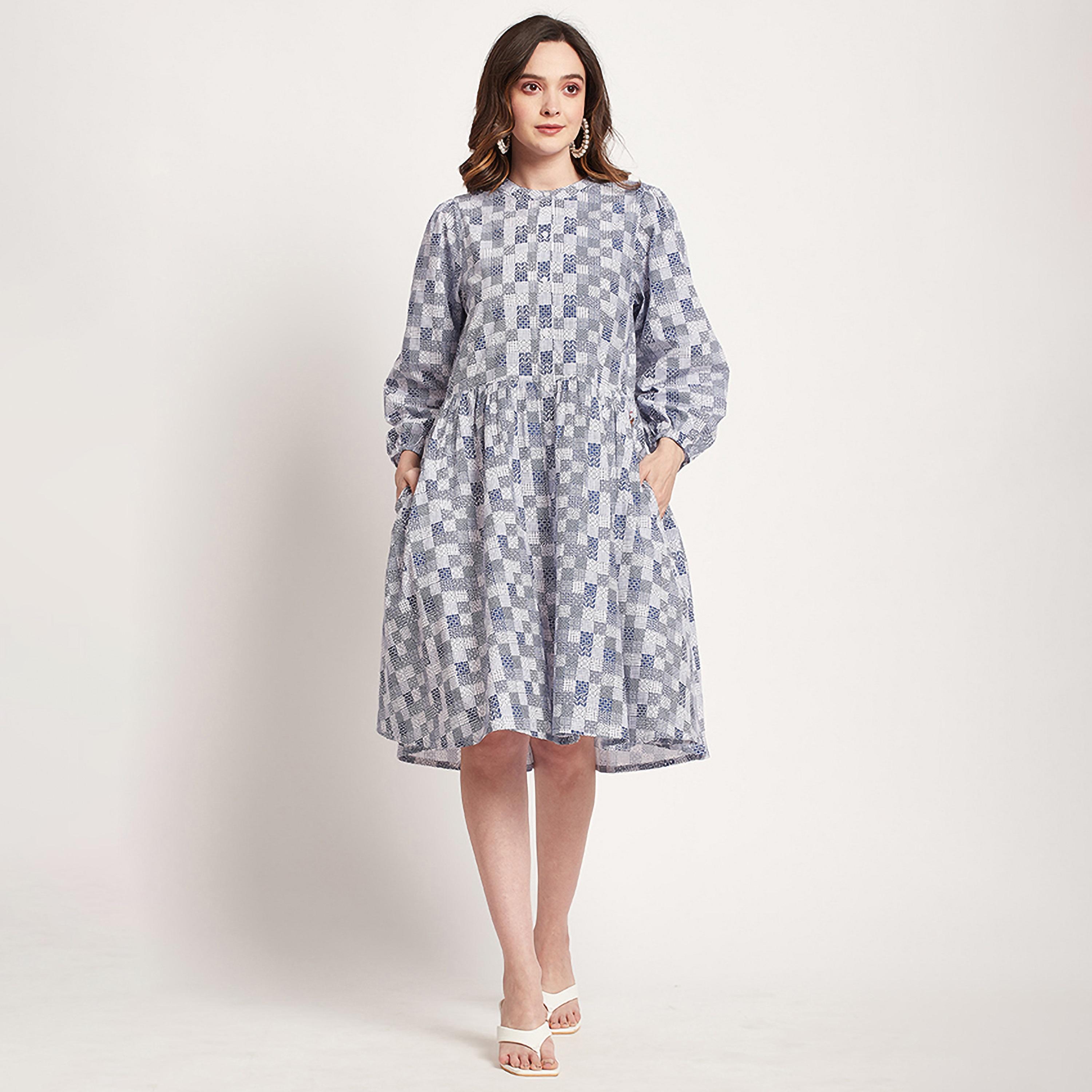 فستان ميدي من بيفرلي هيلز بولو كلوب بياقة ماندارين وخصر منسدل مع منقوش-women-clothing-dresses-image-1