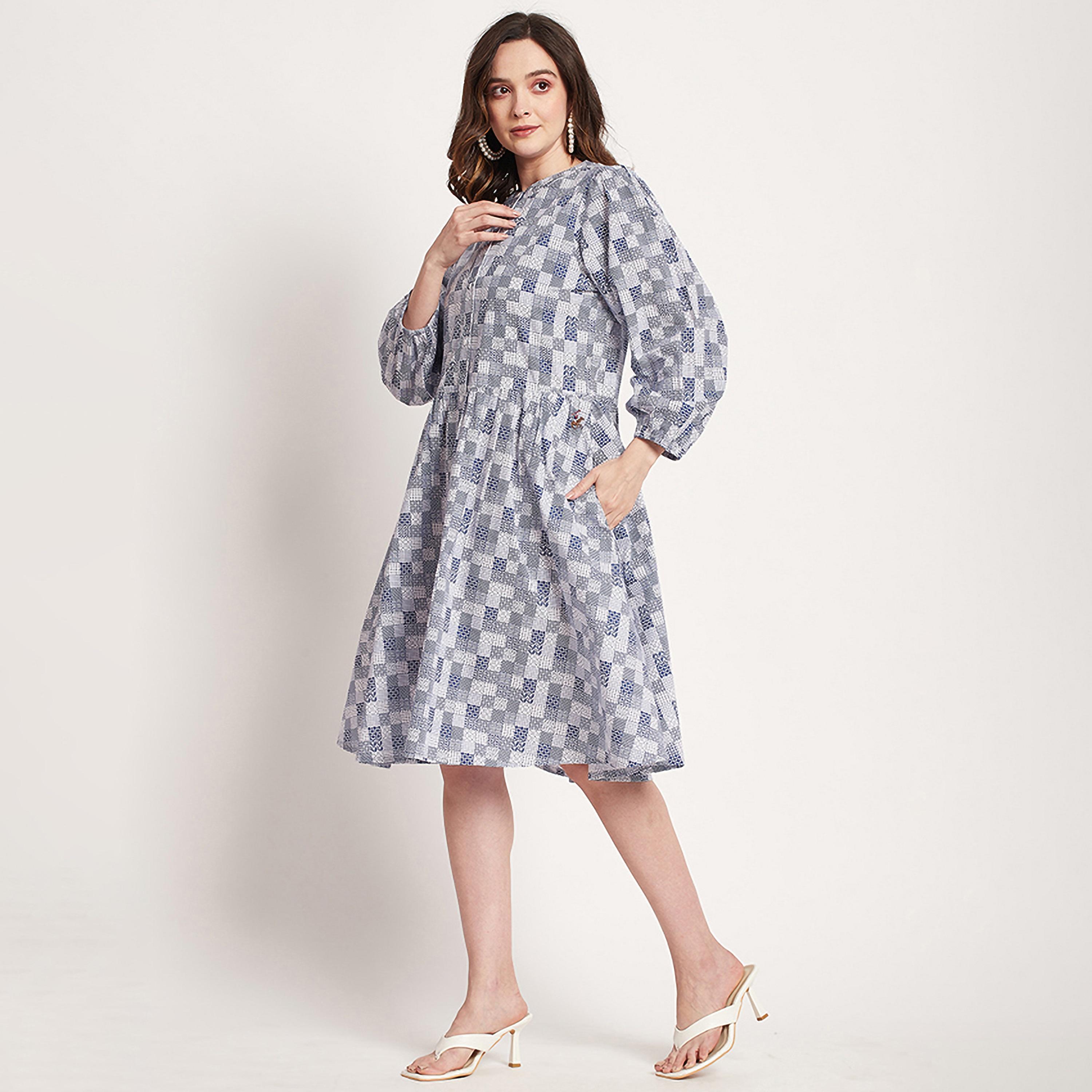فستان ميدي من بيفرلي هيلز بولو كلوب بياقة ماندارين وخصر منسدل مع منقوش-women-clothing-dresses-image-2