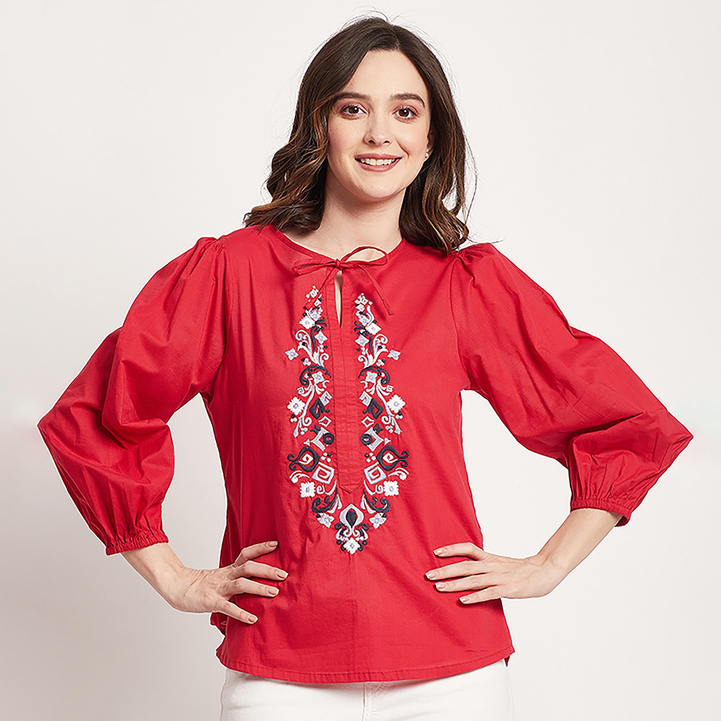 توب من بيفرلي هيلز بولو كلوب ذو مطرز بياقة مع فتحة وأكمام بالونية-women-clothing-shirtsandblouses-blouses-image-1