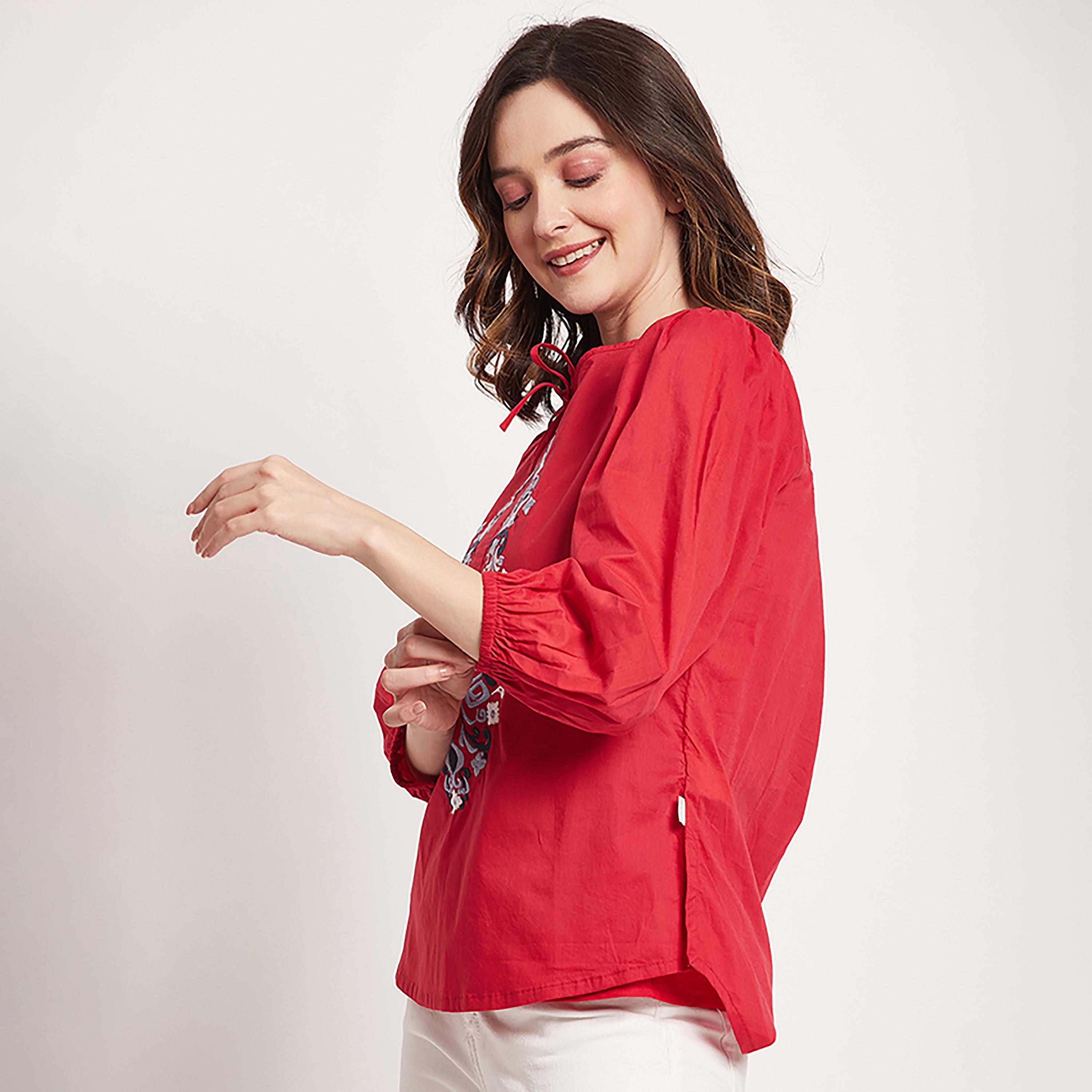 توب من بيفرلي هيلز بولو كلوب ذو مطرز بياقة مع فتحة وأكمام بالونية-women-clothing-shirtsandblouses-blouses-image-2