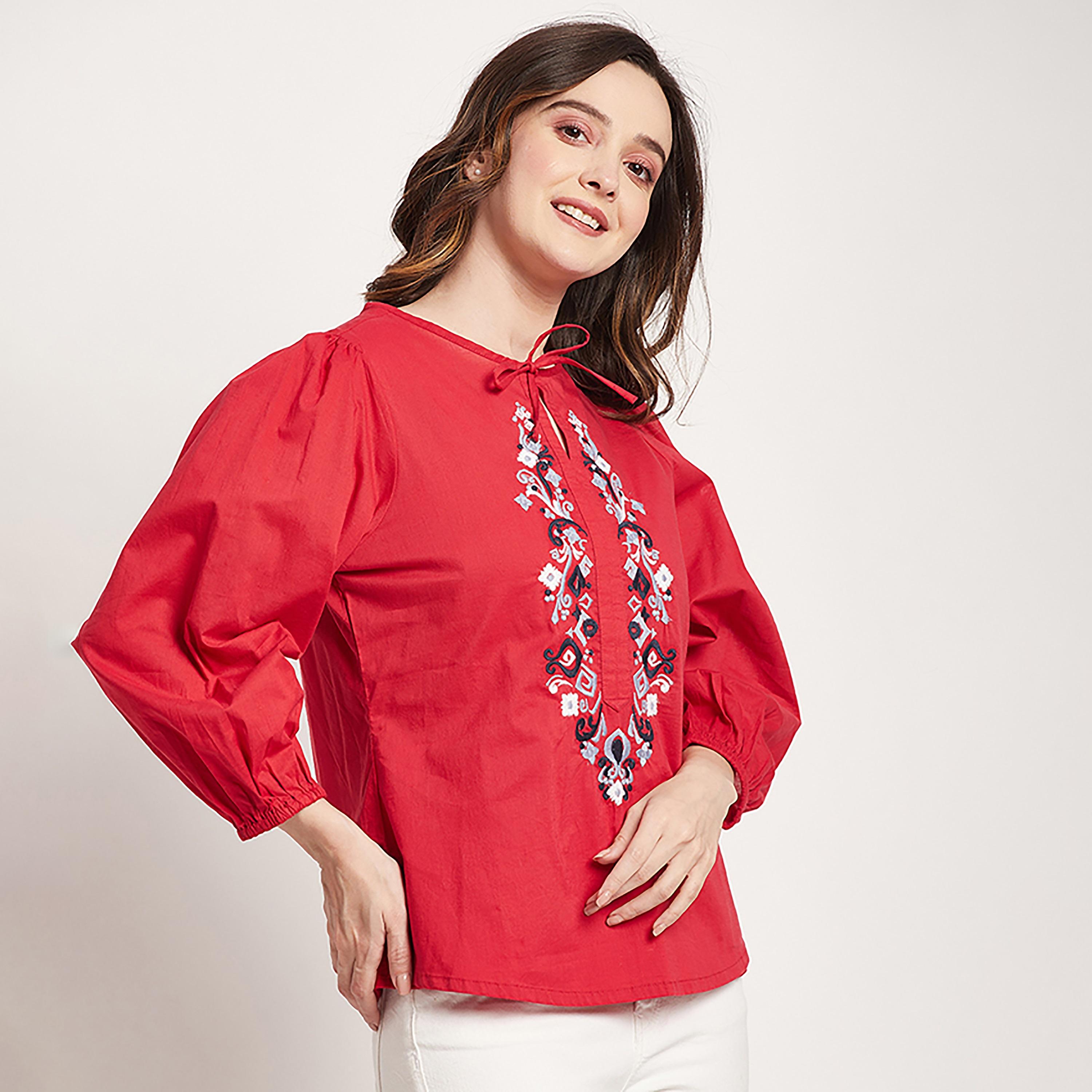 توب من بيفرلي هيلز بولو كلوب ذو مطرز بياقة مع فتحة وأكمام بالونية-women-clothing-shirtsandblouses-blouses-image-3