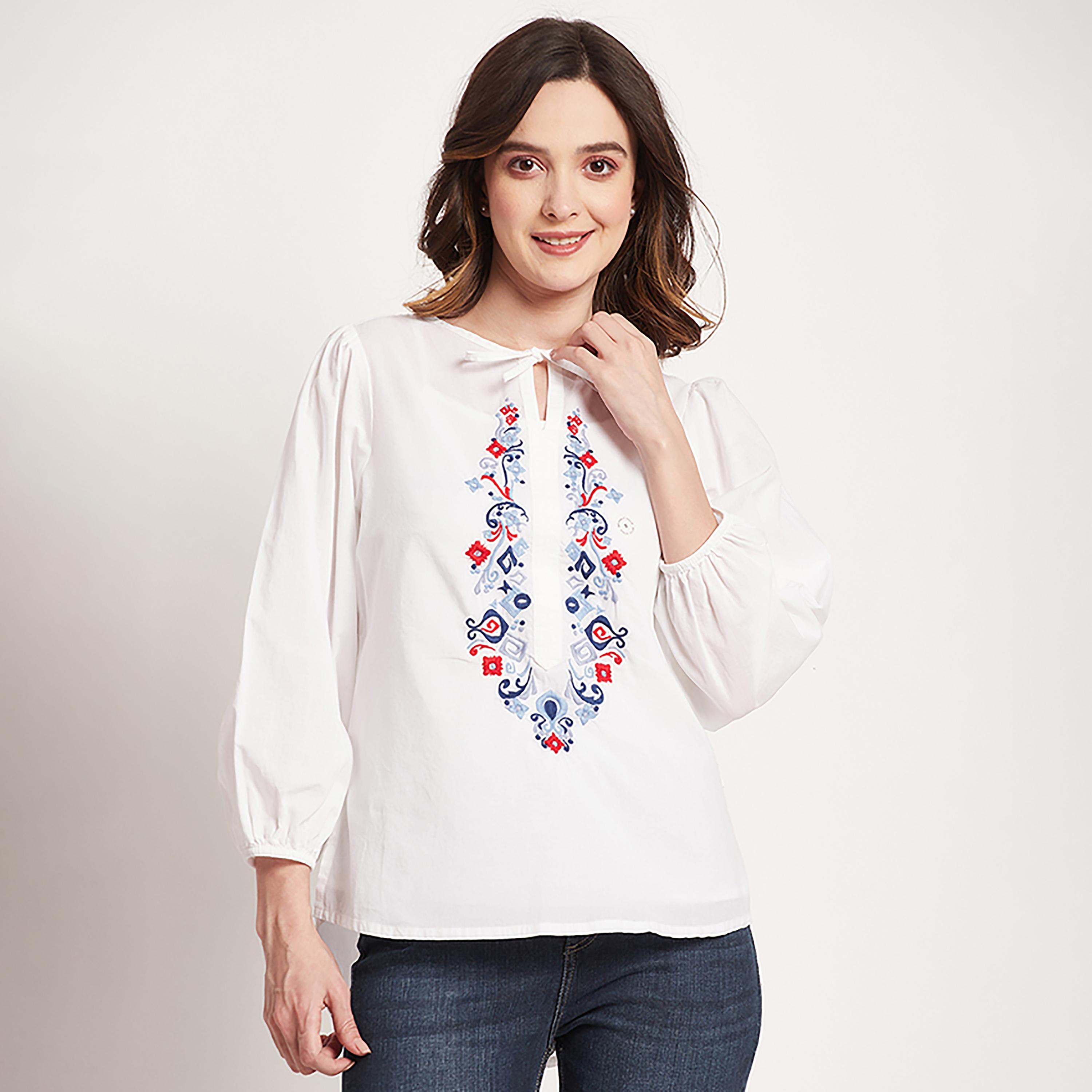 توب من بيفرلي هيلز بولو كلوب ذو مطرز بياقة مع فتحة وأكمام بالونية-women-clothing-shirtsandblouses-blouses-image-5