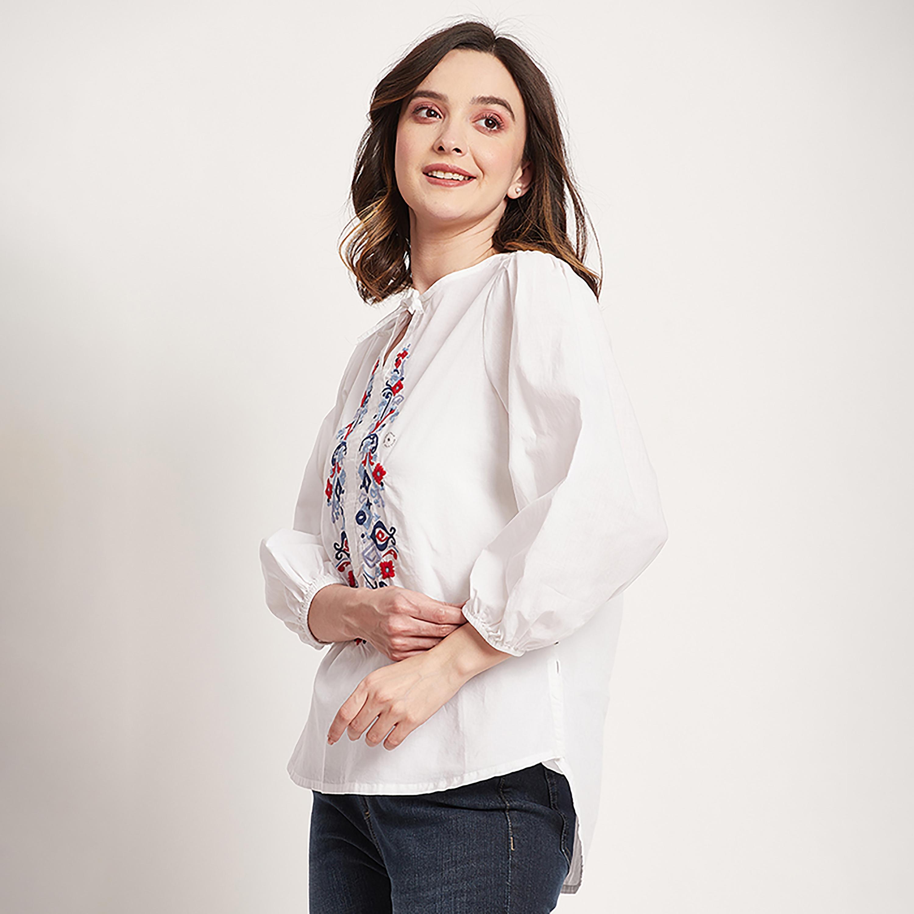 توب من بيفرلي هيلز بولو كلوب ذو مطرز بياقة مع فتحة وأكمام بالونية-women-clothing-shirtsandblouses-blouses-image-6