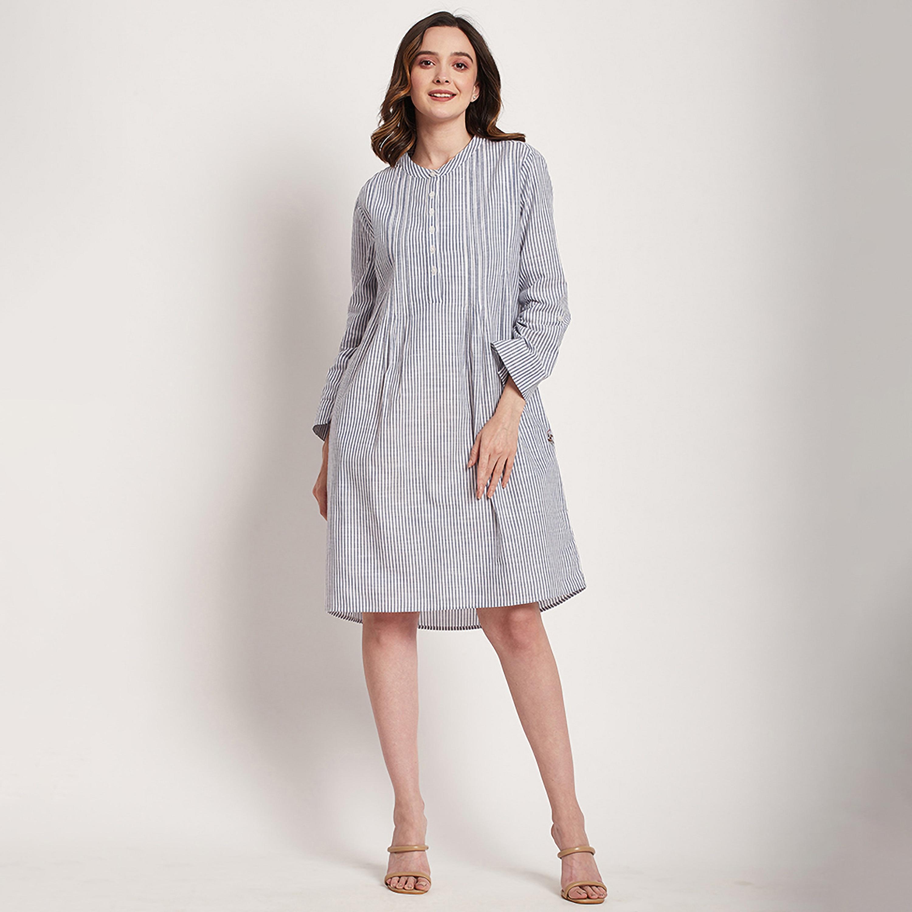 Beverly Hills Polo Club Stripes Mandarin Collar Shirt Knee Dress-women-clothing-dresses-image-1