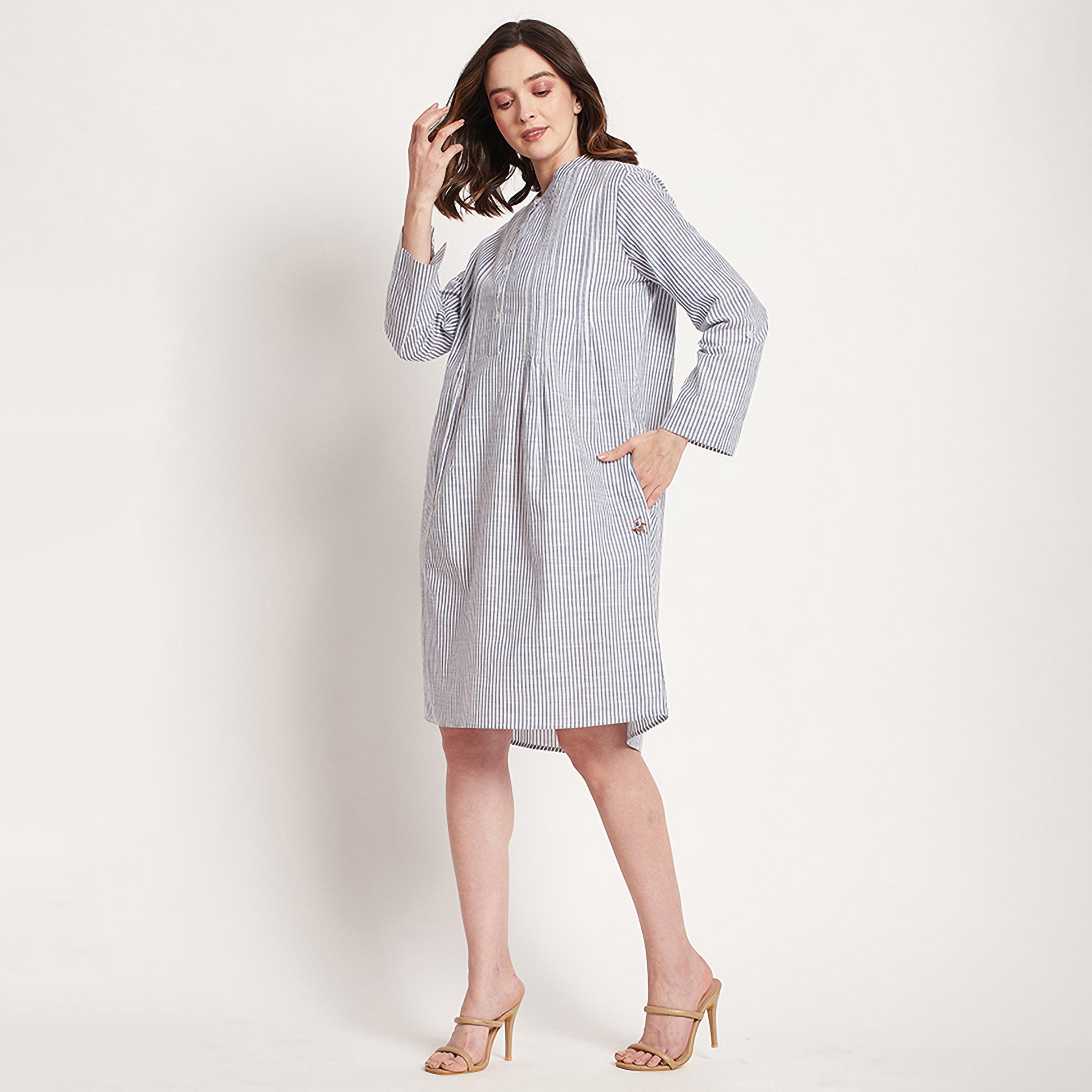 فستان قميص بطول الركبة ذو مخطط مع ياقة ماندرين من بيفرلي هيلز بولو كلوب-women-clothing-dresses-image-2