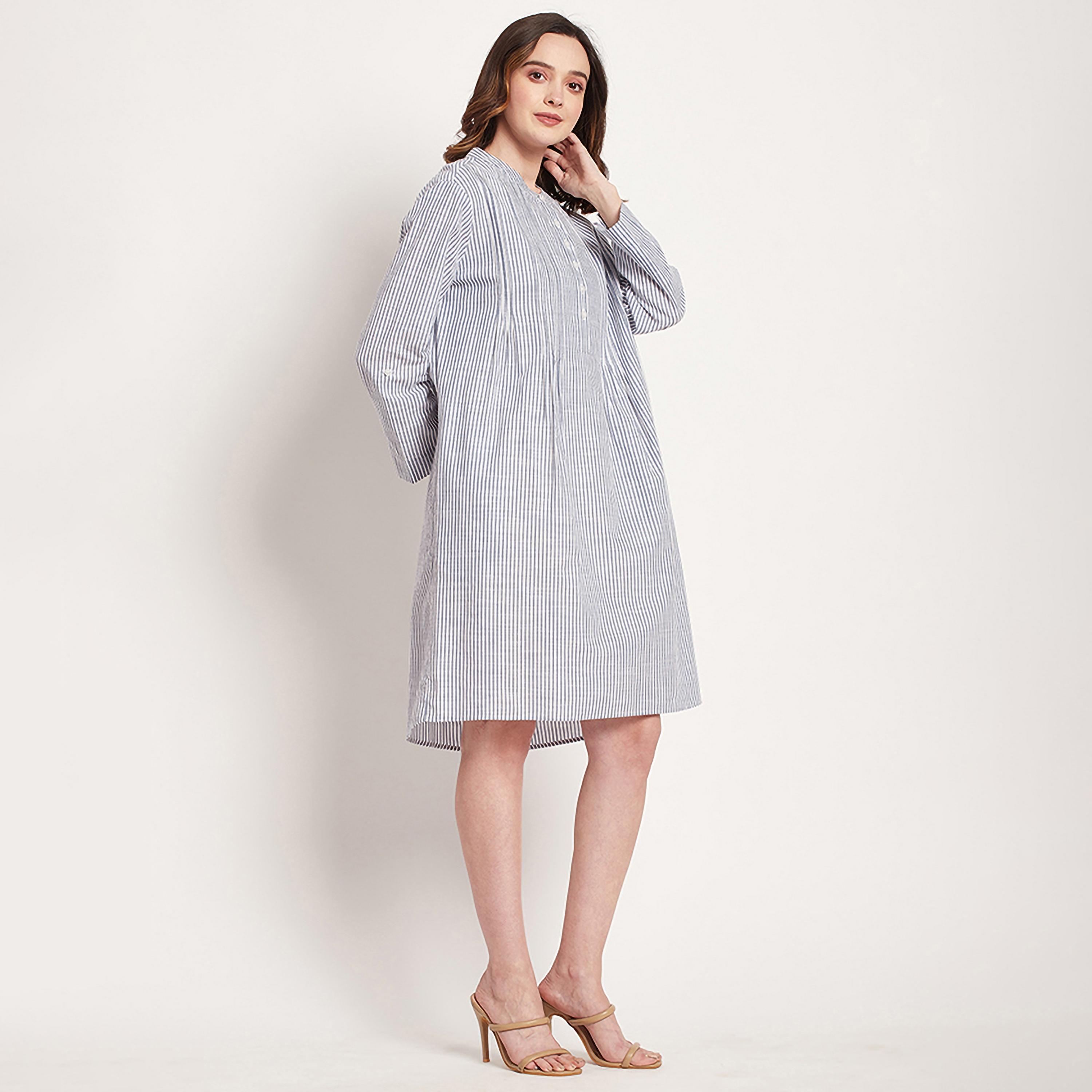 فستان قميص بطول الركبة ذو مخطط مع ياقة ماندرين من بيفرلي هيلز بولو كلوب-women-clothing-dresses-image-3