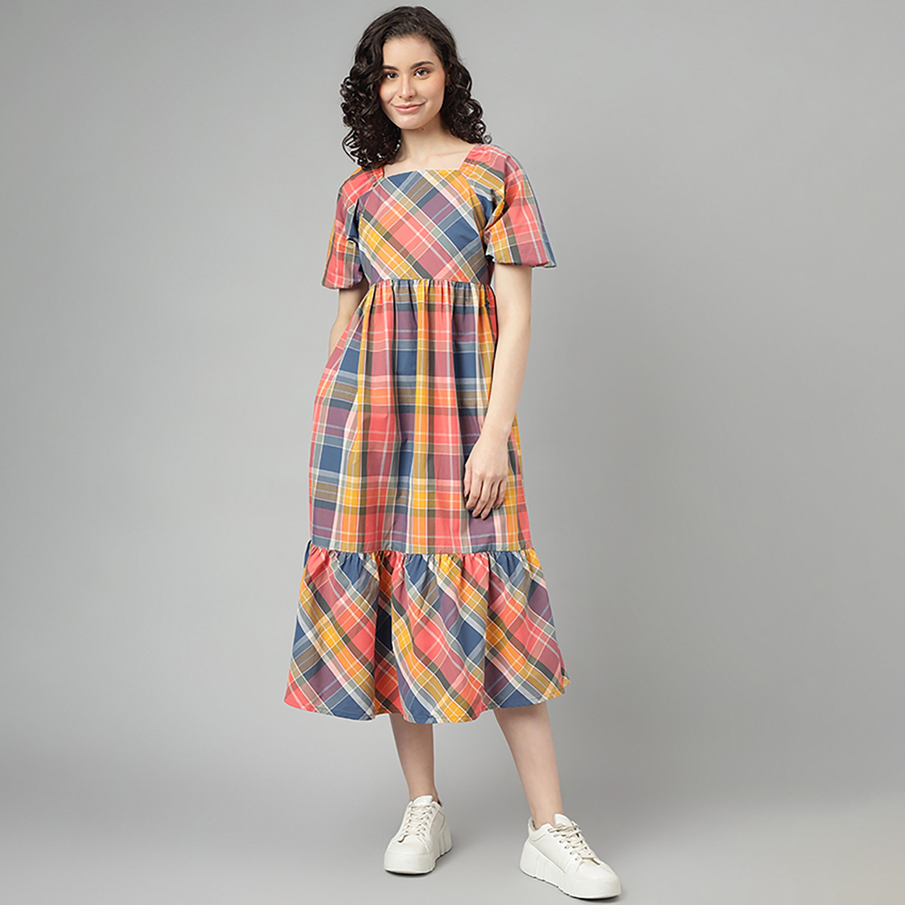 Beverly Hills Polo Club Checked Square Neck Skater Midi Dress-women-clothing-dresses-image-1
