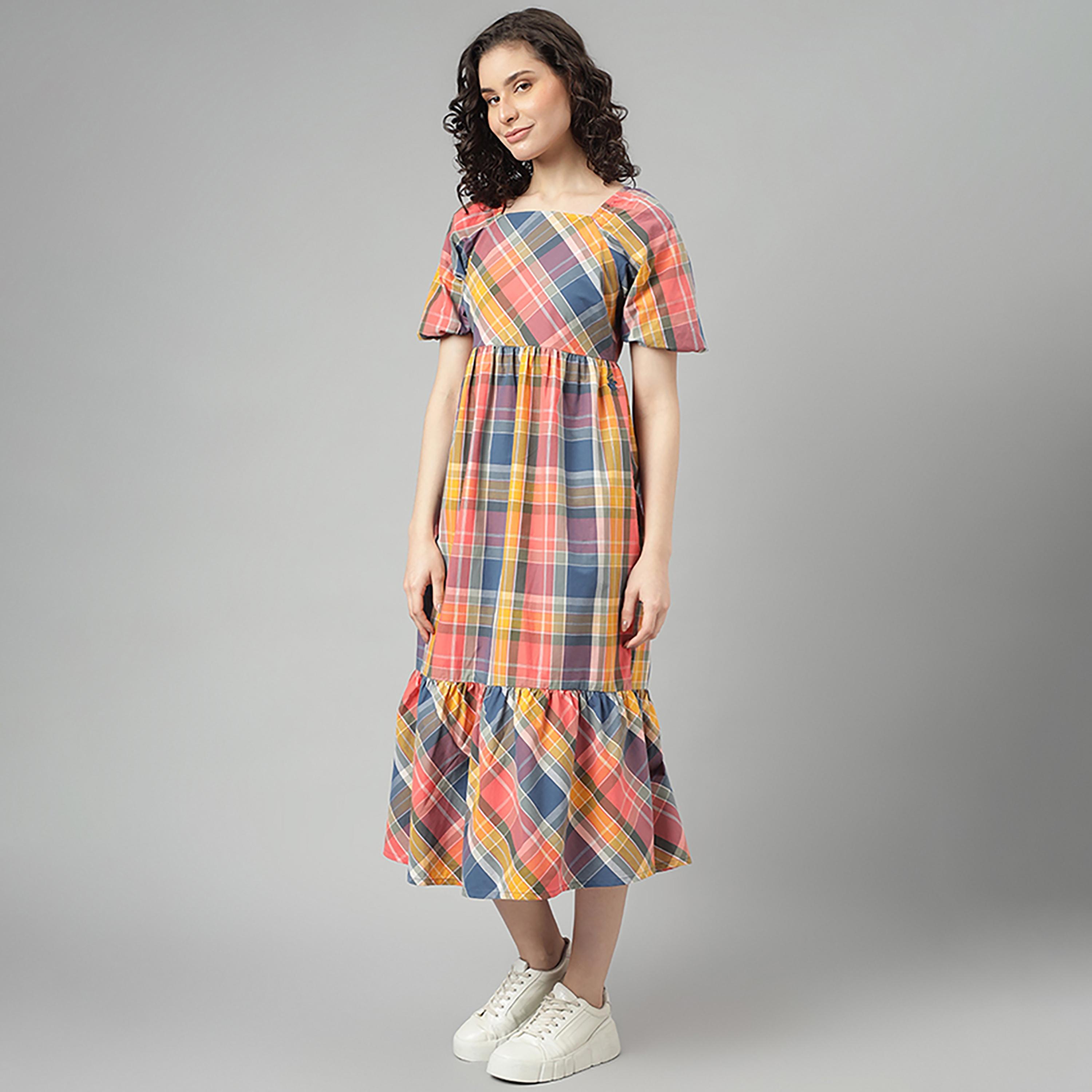 Beverly Hills Polo Club Checked Square Neck Skater Midi Dress-women-clothing-dresses-image-2