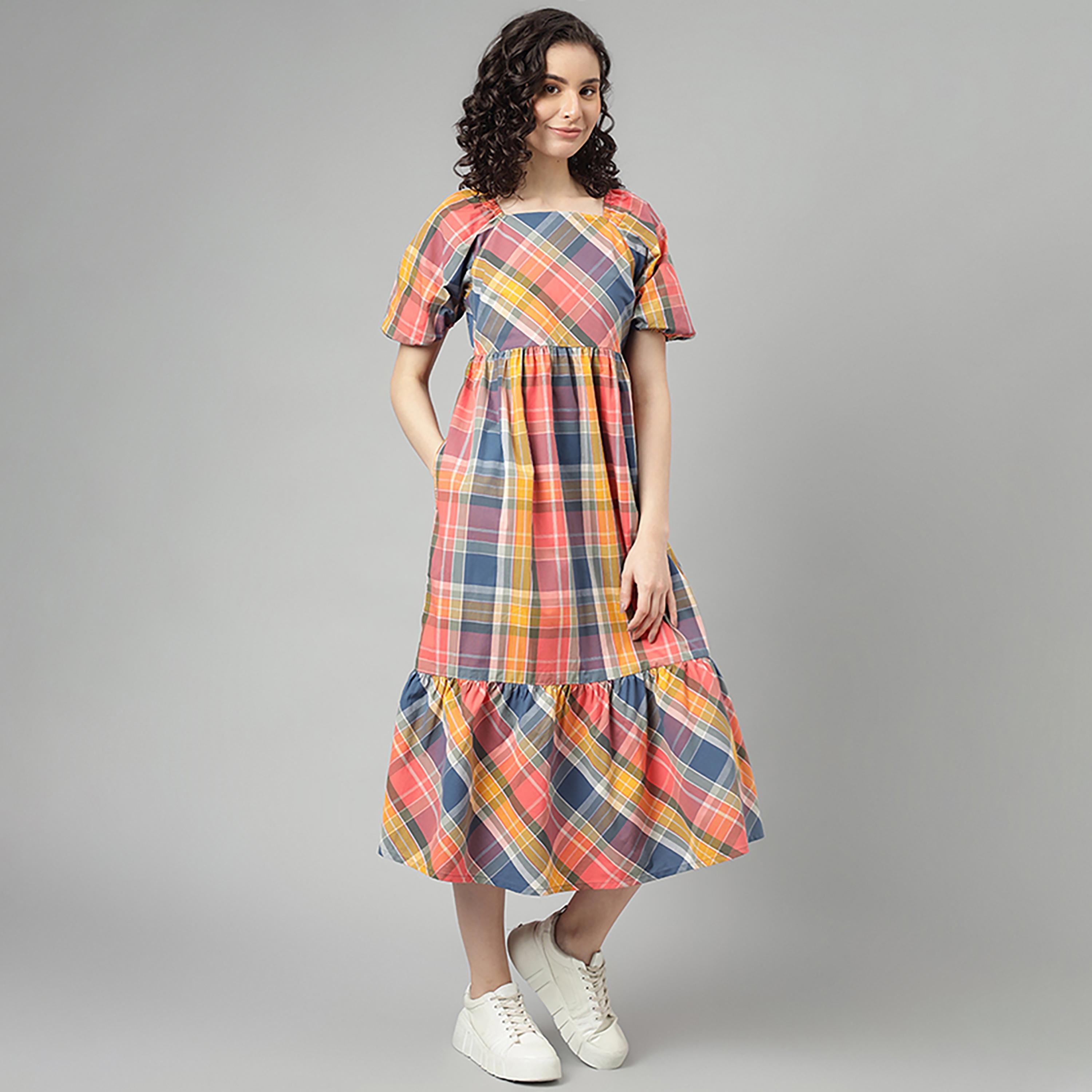 Beverly Hills Polo Club Checked Square Neck Skater Midi Dress-women-clothing-dresses-image-3