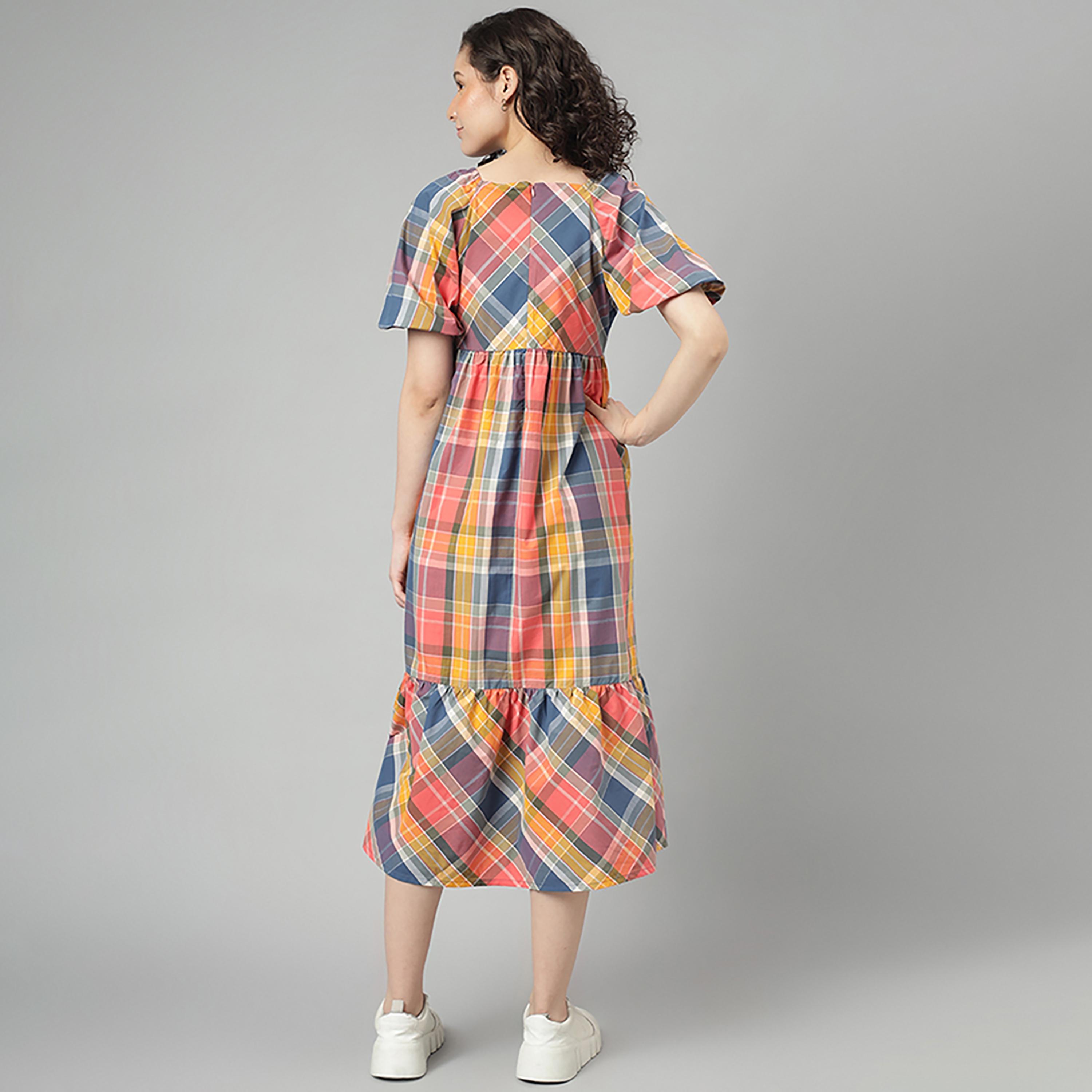 Beverly Hills Polo Club Checked Square Neck Skater Midi Dress-women-clothing-dresses-image-4