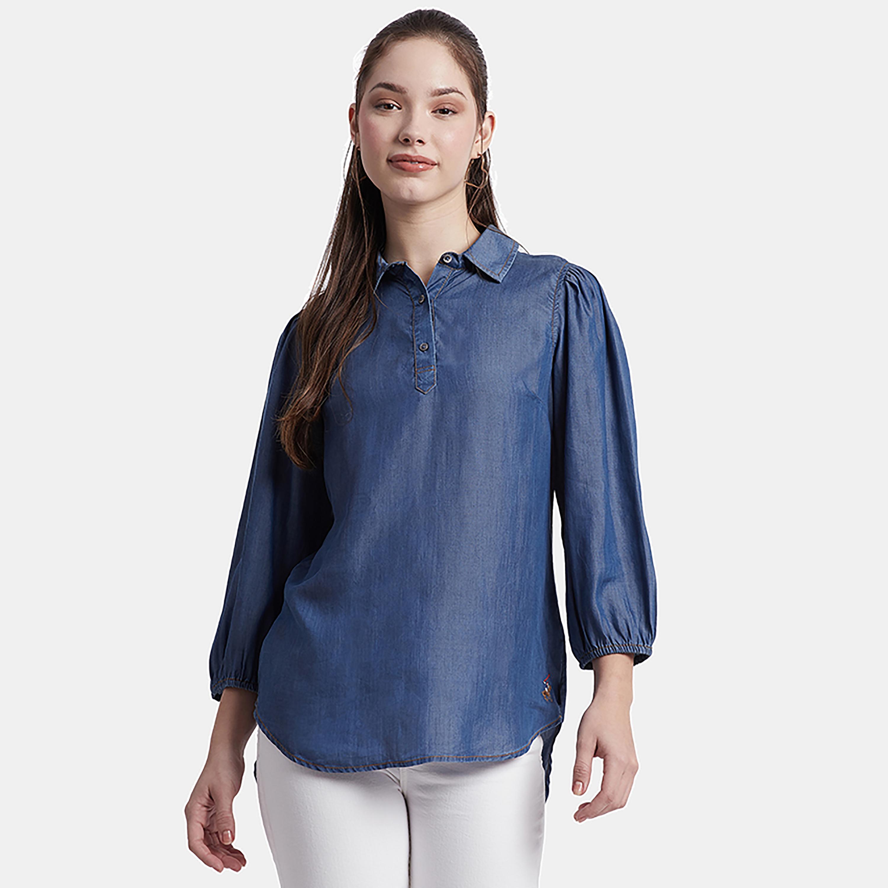 تي شيرت ثلاثة أرباع الأكمام بياقة سادة من بيفرلي هيلز بولو كلوب-women-clothing-shirtsandblouses-shirts-image-1
