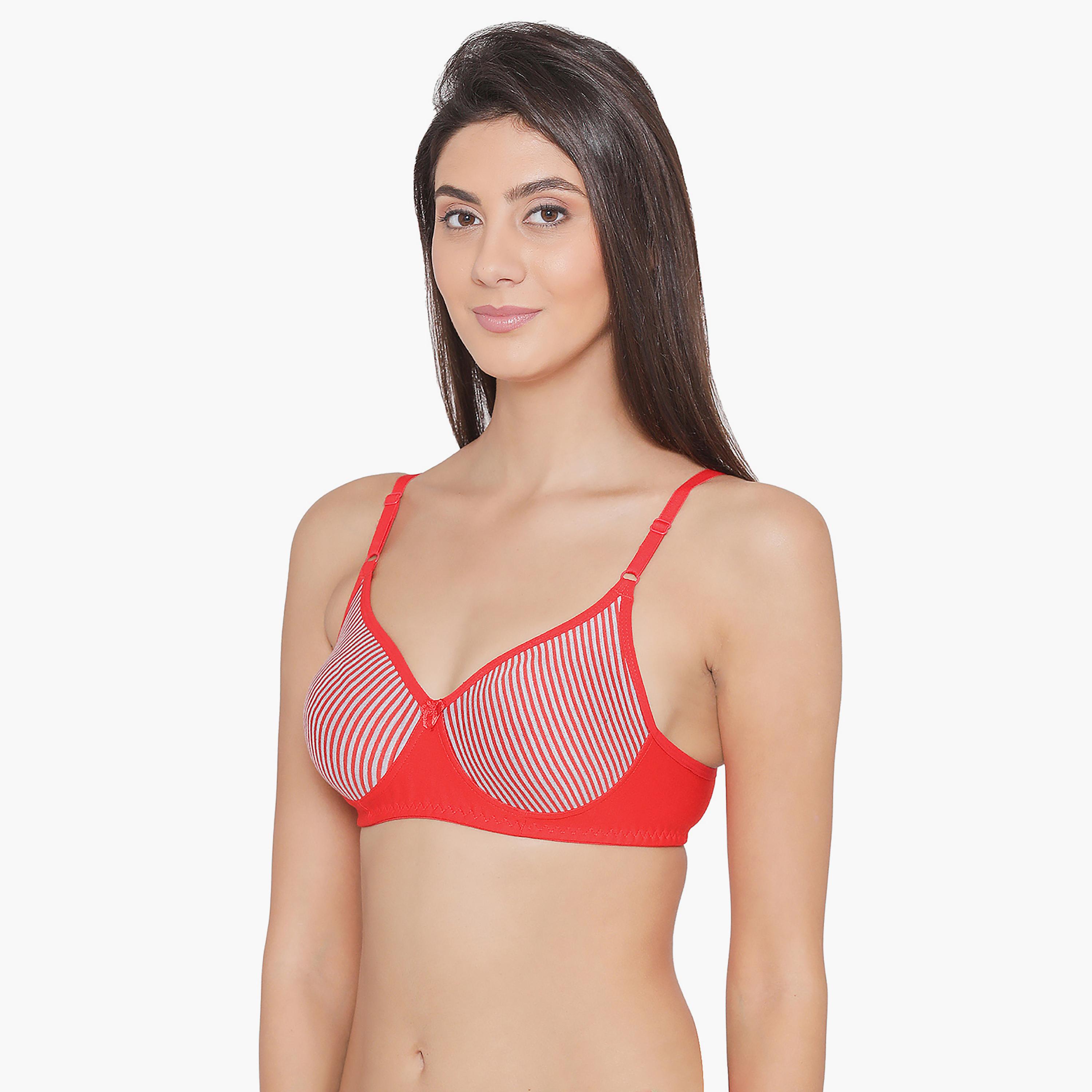 Clovia Non-Padded Non-Wired Full Coverage Striped Spacer Cup Women's T-Shirt Bra in Red - Cotton-women-clothing-lingerie-bras-image-2