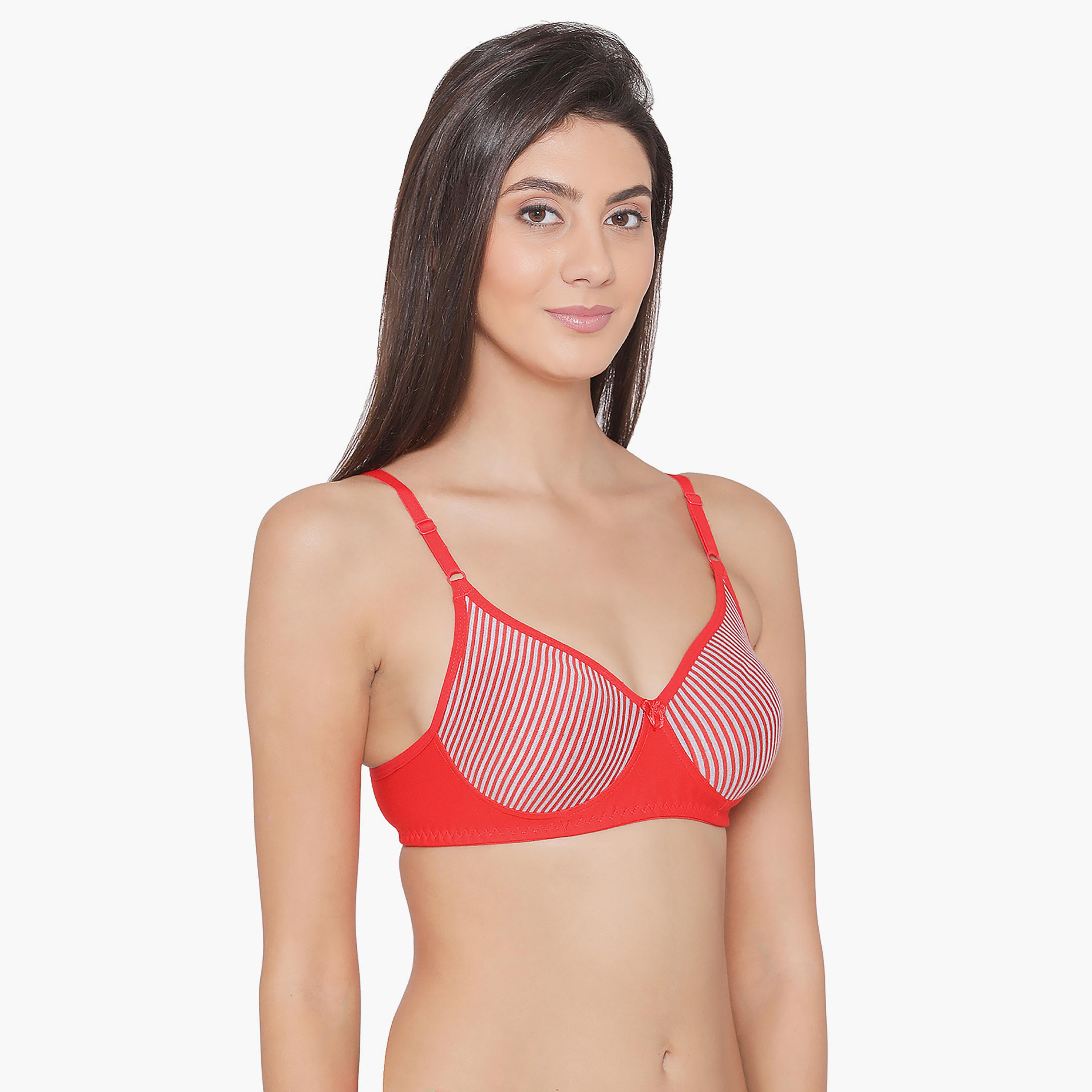 Clovia Non-Padded Non-Wired Full Coverage Striped Spacer Cup Women's T-Shirt Bra in Red - Cotton-women-clothing-lingerie-bras-image-3
