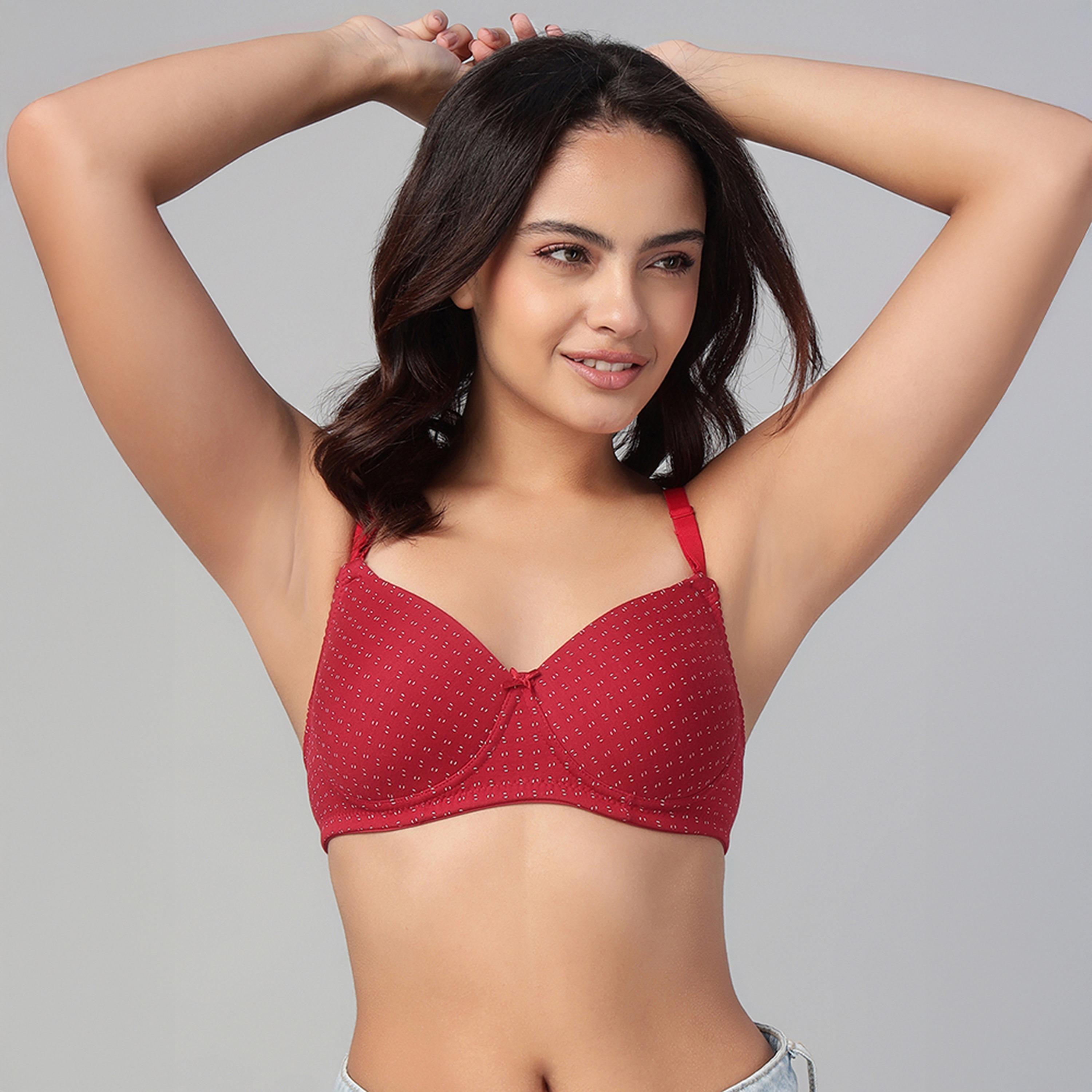 Clovia Padded Non-Wired Full Coverage Printed Multiway Women's T-Shirt Bra in Red - Cotton-women-clothing-lingerie-bras-image-1